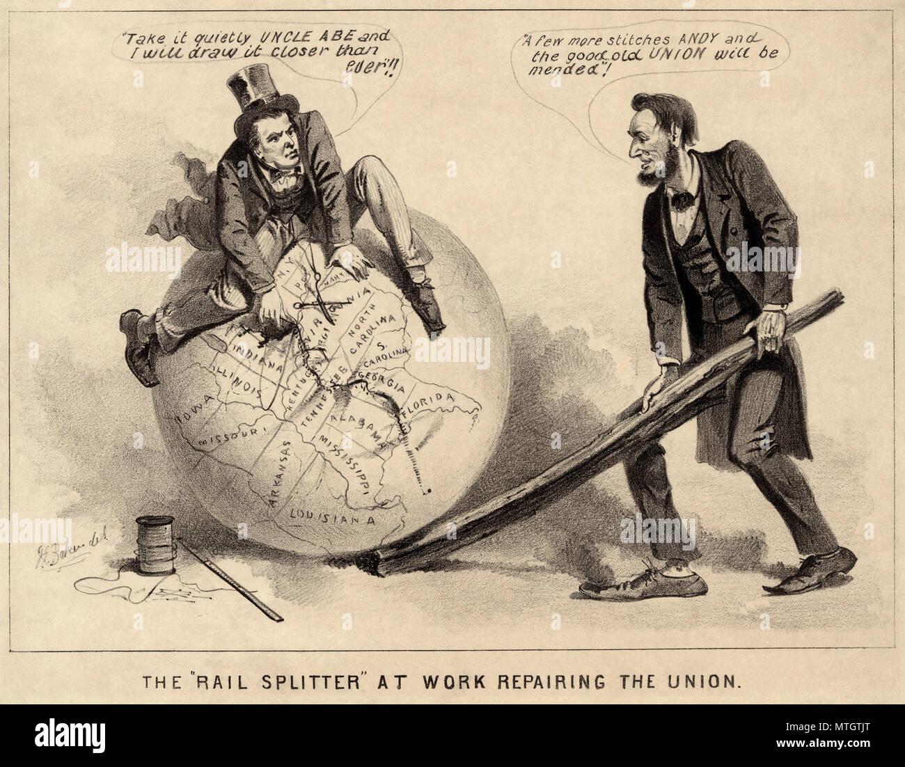 'L'Splitter Rail Riparazione dell' Unione un cartoon politico di Andrew Johnson e Abramo Lincoln dal 1865, durante l'epoca di ricostruzione degli Stati Uniti (1863-1877). Cartoon stampa mostra Vice Presidente Andrew Johnson seduto sulla cima di un globo, tenta di rappezzare la mappa degli Stati Uniti con ago e filo. Abraham Lincoln sorge, destra, utilizzando una rampa di split per posizionare il globo. Johnson avverte che "prendere tranquillamente zio Abe e trarrò è più vicina che mai." Mentre Lincoln si congratula con lui, "un paio di più maglie Andy e la buona vecchia Unione sarà riparata.' Cartoon politico, Foto Stock