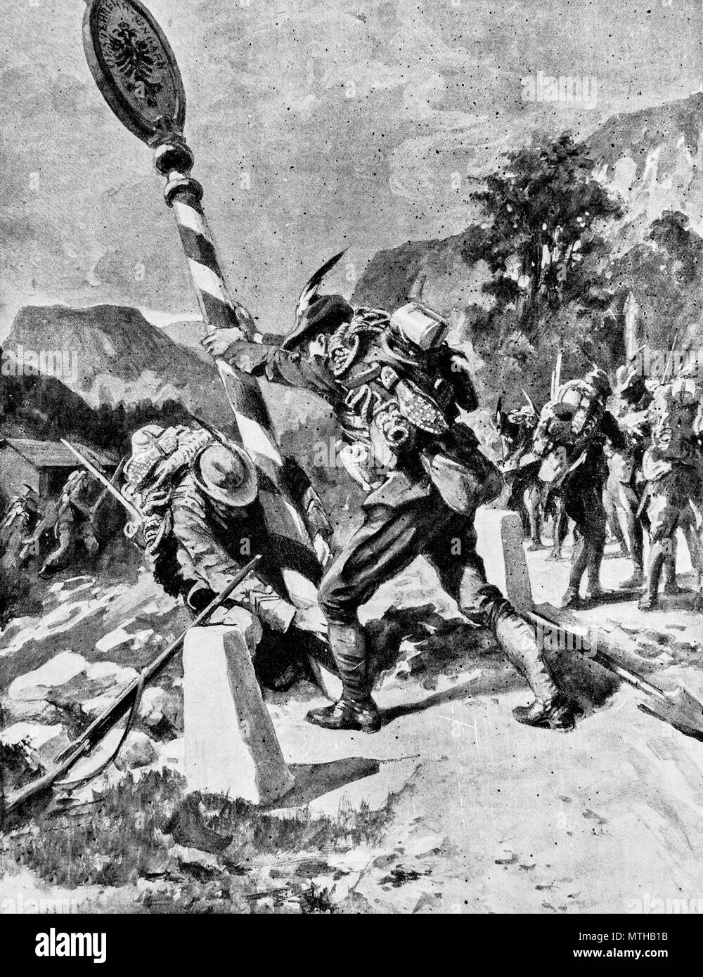 I soldati italiani di rovesciare un posto di frontiera, regione Trentin, 1915, Italia Foto Stock