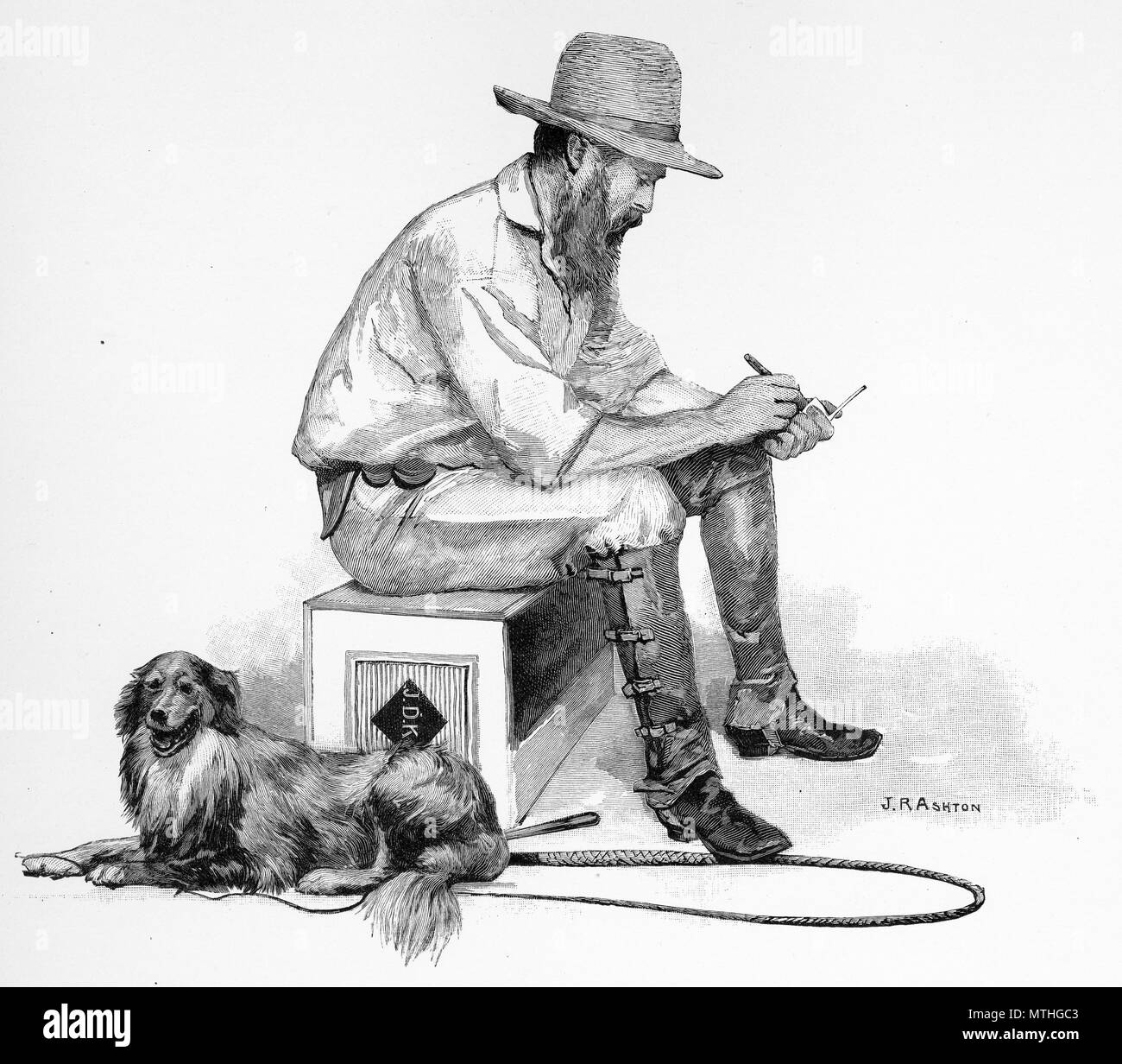Incisione di un squatter con il suo cane, Australia. Dal pittoresco Atlas dell Australasia Vol 3, 1886 Foto Stock