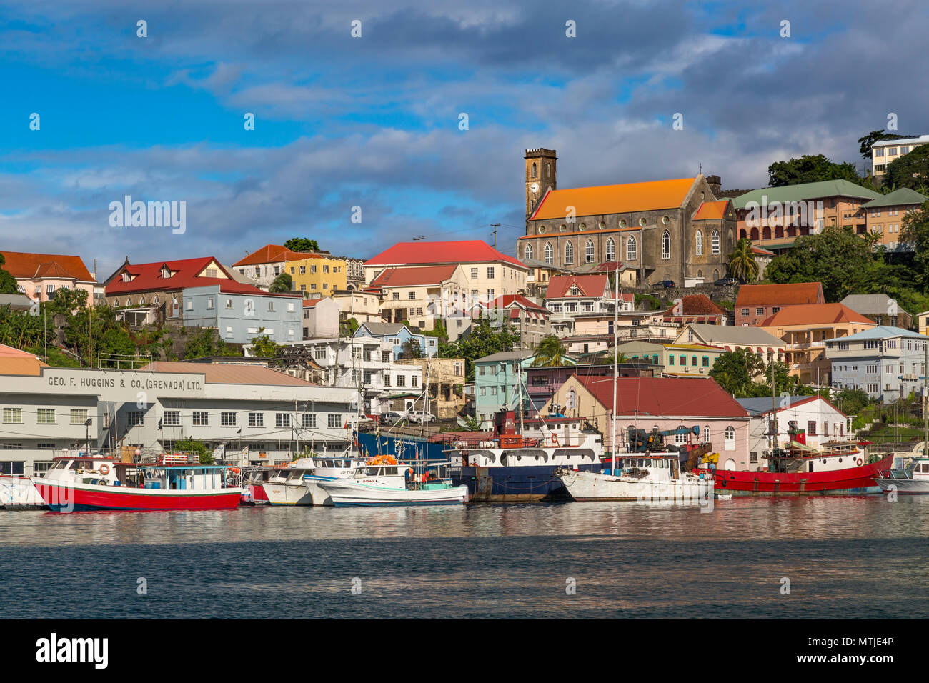 Il Carenage - porto interno in St Georges con Cattedrale dell Immacolata Concezione al di là, Grenada, West Indies Foto Stock