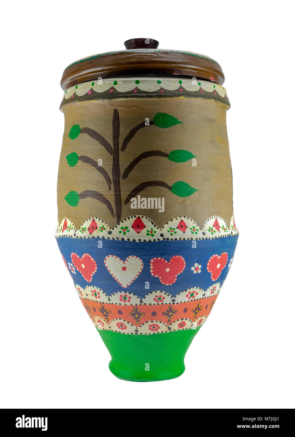 Colorate artigianalmente egiziano decorate ceramiche artistiche jar isolato su bianco Foto Stock