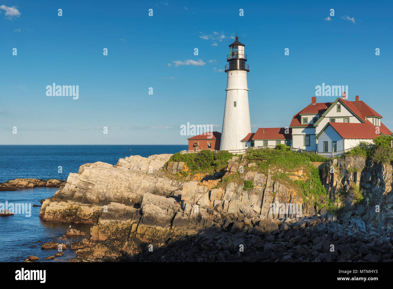 Portland Head Lighthouse a sunrise, New England, Maine, Stati Uniti d'America. Foto Stock