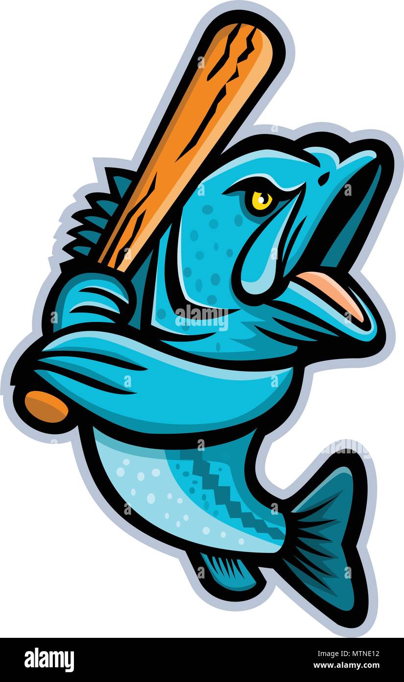 Icona di mascotte illustrazione di un LARGEMOUTH BASS, bucketmouth o bigmouth bass con la mazza da baseball batting visto dal lato su sfondo isolato rétro Illustrazione Vettoriale