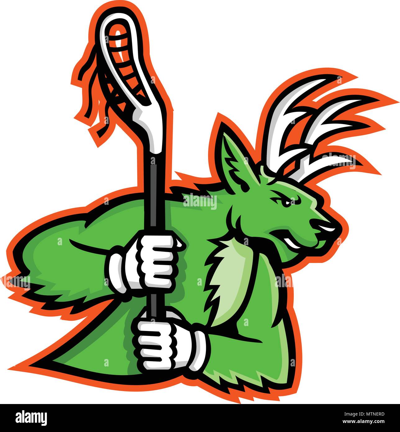 Icona di mascotte illustrazione di un Stag Cervo o buck wielding a lacrosse stick visto dal lato su sfondo isolato in stile retrò. Illustrazione Vettoriale