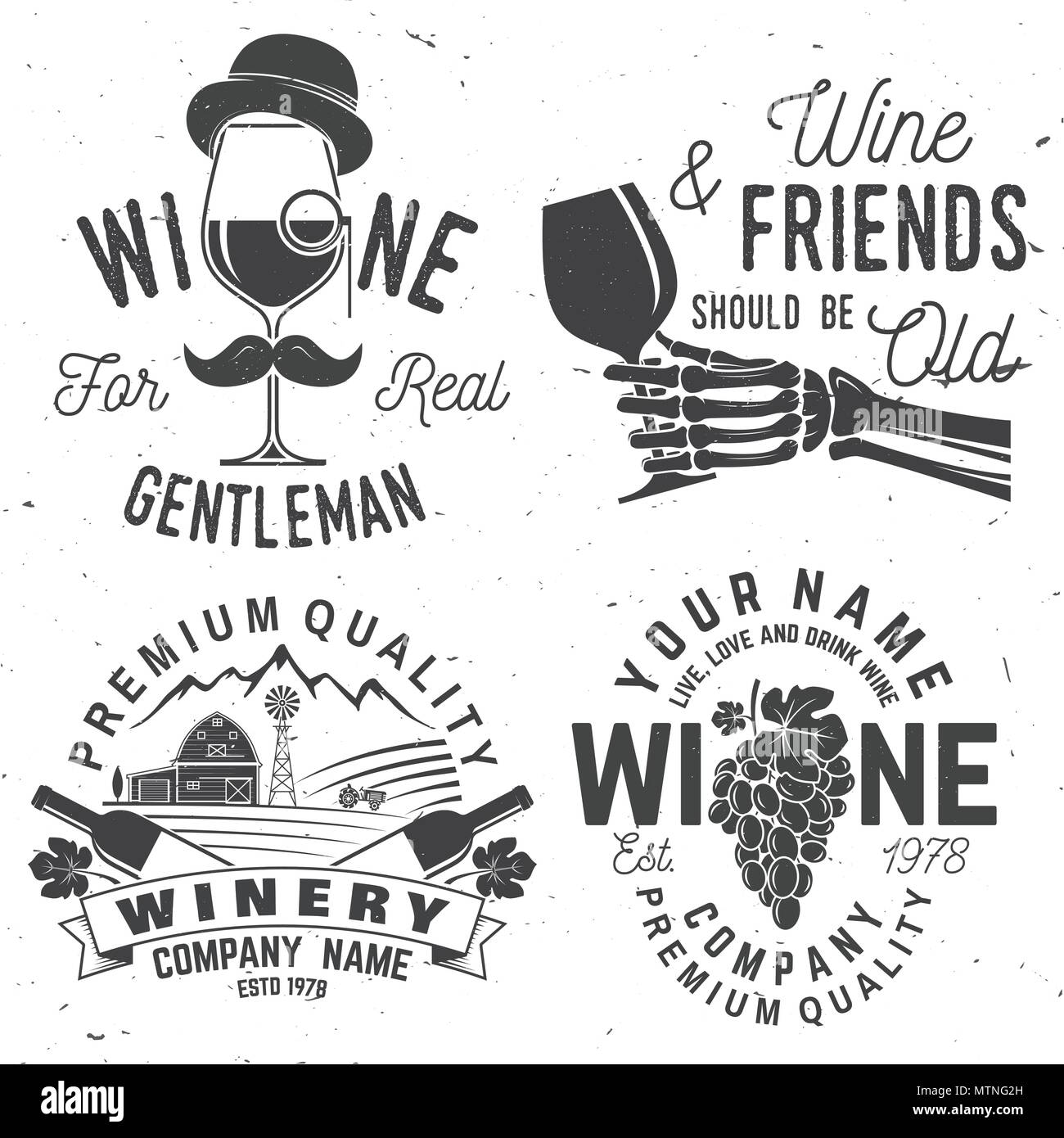 Set di vino badge aziendale, segno o etichetta. Illustrazione Vettoriale. Vintage design per società di cantina, bar, pub, negozio, branding e ristorante business. Coaster per bicchieri da vino Illustrazione Vettoriale