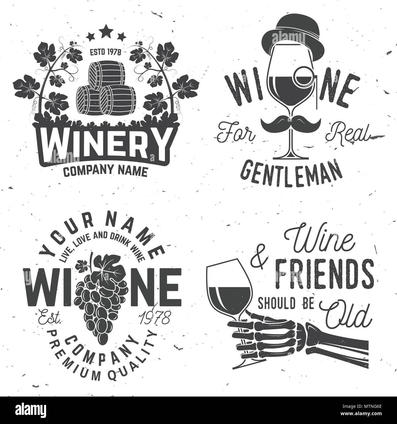 Set di vino badge aziendale, segno o etichetta. Illustrazione Vettoriale. Vintage design per società di cantina, bar, pub, negozio, branding e ristorante business. Coaster per bicchieri da vino Illustrazione Vettoriale