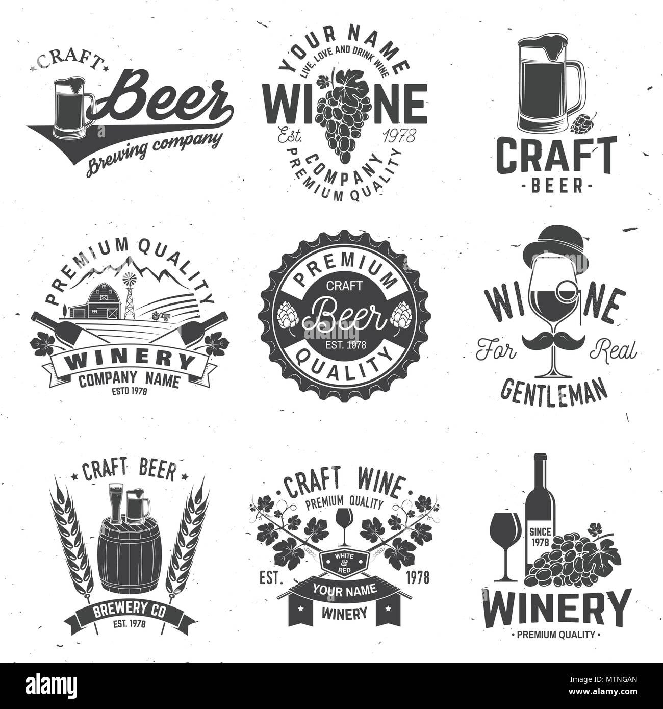 Set di birra artigianale e cantina badge aziendale, segno o etichetta. Illustrazione Vettoriale. Vintage design per società di cantina, bar, pub, negozio, branding e ristorante business. Coaster per la birra, bicchieri da vino Illustrazione Vettoriale