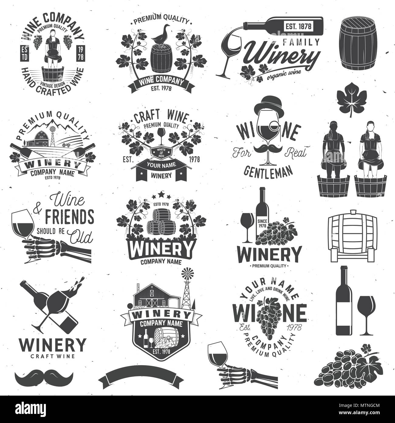Set di vino badge aziendale, segno o etichetta con elemento di design. Illustrazione Vettoriale. Vintage design per società di cantina, bar, pub, negozio, branding e ristorante business. Coaster per bicchieri da vino Illustrazione Vettoriale