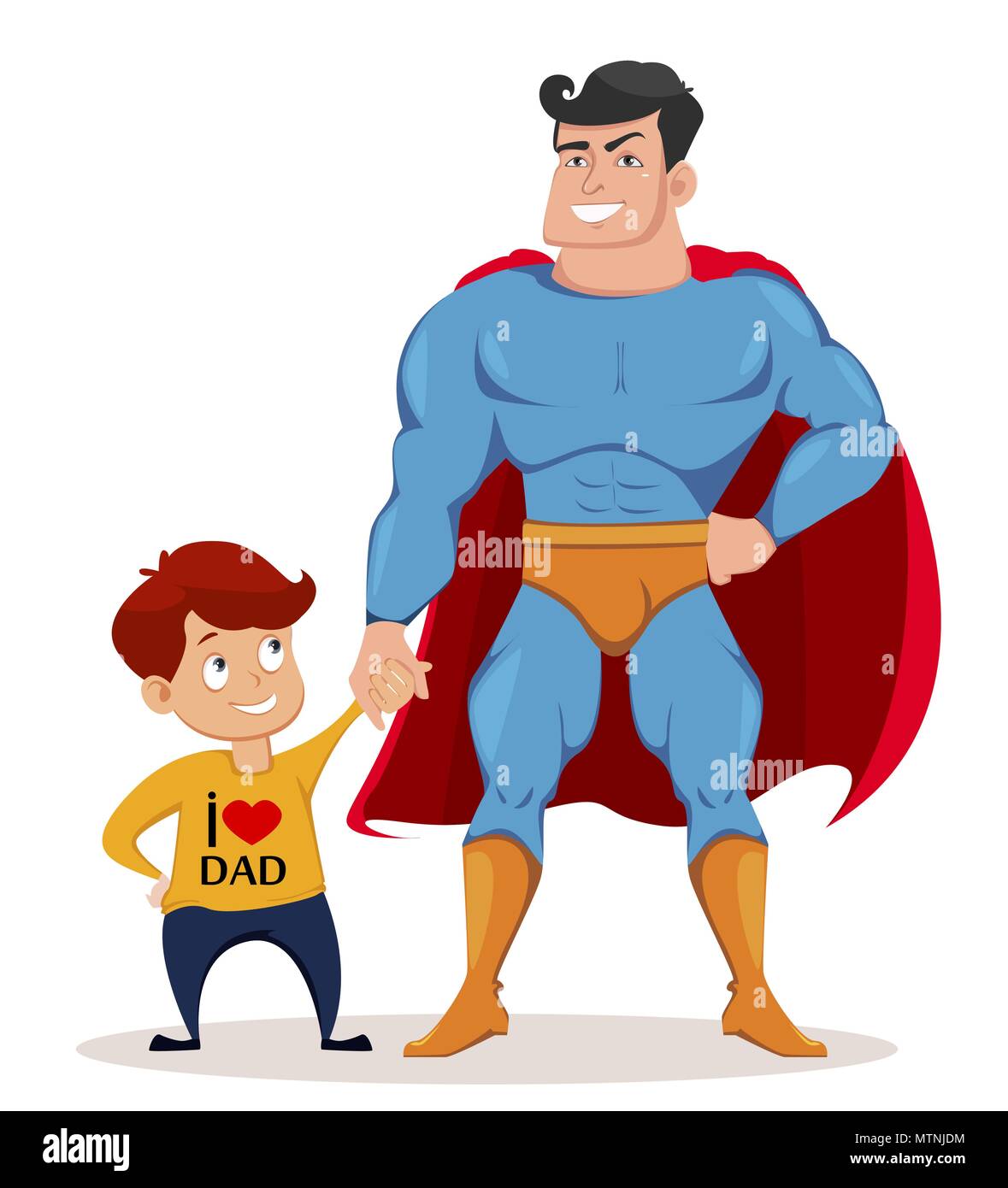 Felice giorno padri biglietto di auguri, flyer, un poster o un banner. Allegro figlio e papà in costume del supereroe insieme permanente. Illustrazione Vettoriale su bianco Illustrazione Vettoriale