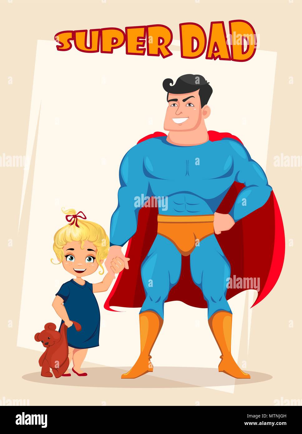 Felice giorno padri biglietto di auguri, flyer, un poster o un banner. Allegro figlia e papà in costume del supereroe insieme permanente. Illustrazione Vettoriale su Illustrazione Vettoriale