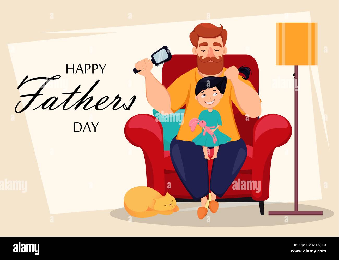 Felice giorno Padri della scheda Messaggi di saluto. Allegro figlia si siede sulle ginocchia di suo padre mentre egli fa la sua acconciatura. Illustrazione Vettoriale con scritte, utilizzabile Illustrazione Vettoriale