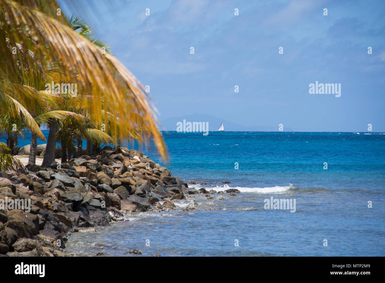 Vista mare da una vacanza estiva sulla tropicale Isola Caraibica di Antigua Foto Stock