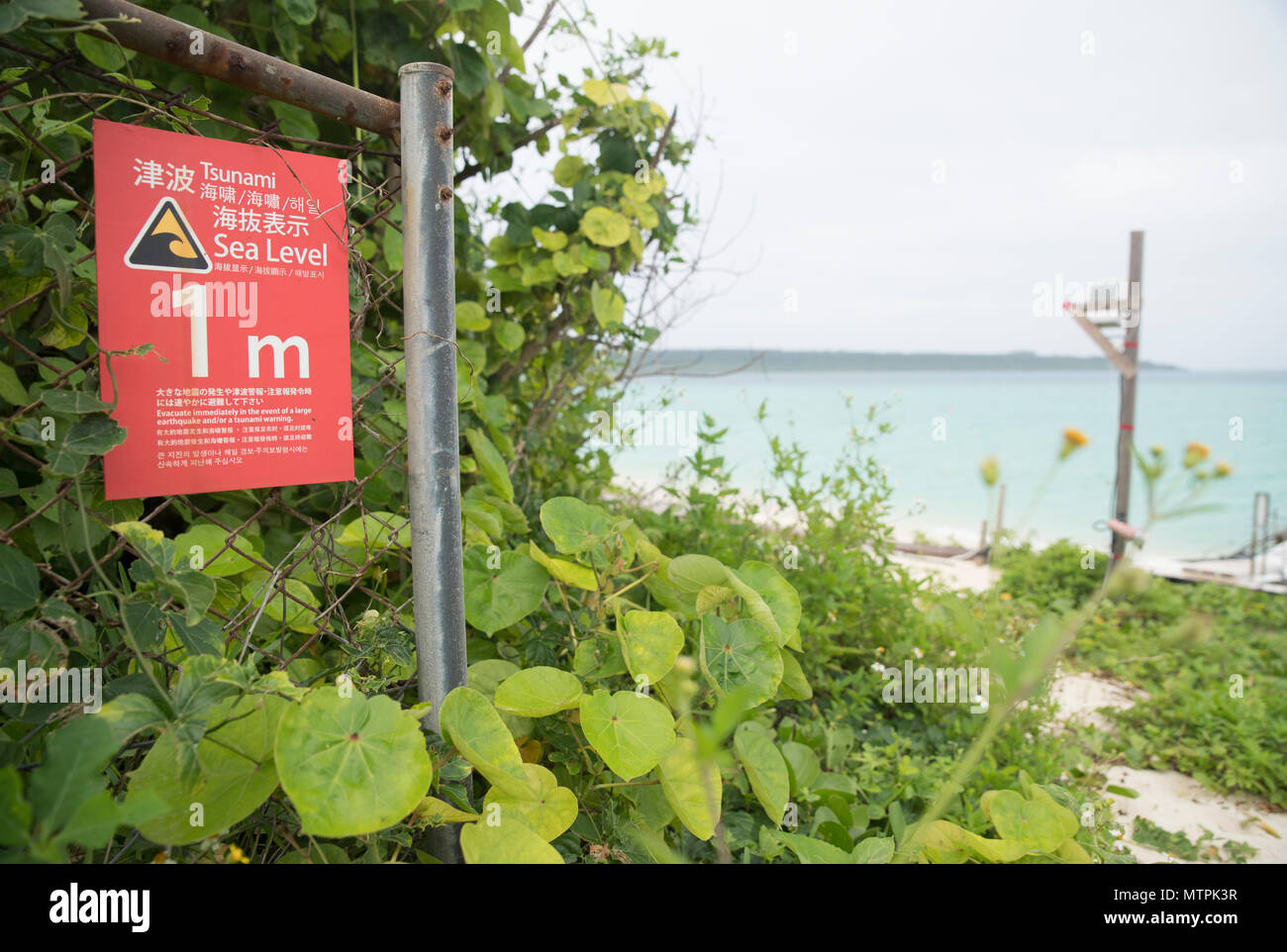 Segnali di avvertimento sullo tsunami sulla spiaggia di Sunayama, Miyako, Okianwa, Giappone Foto Stock