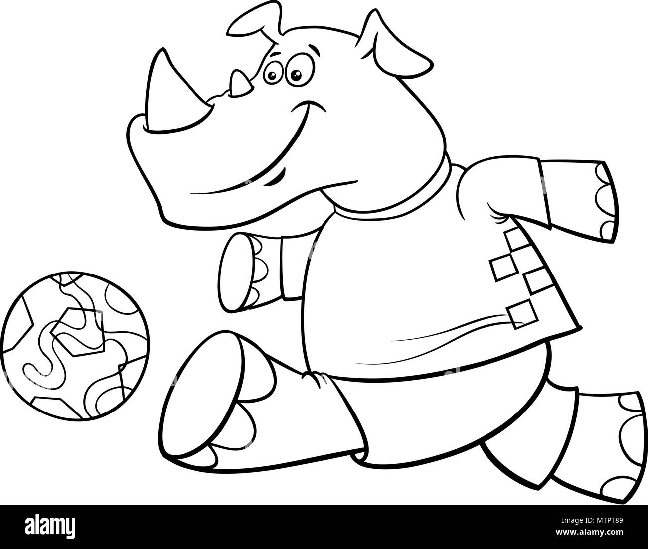 Bianco e Nero Cartoon illustrazioni di Rhino il calcio o il giocatore di calcio carattere con sfera libro da colorare Illustrazione Vettoriale