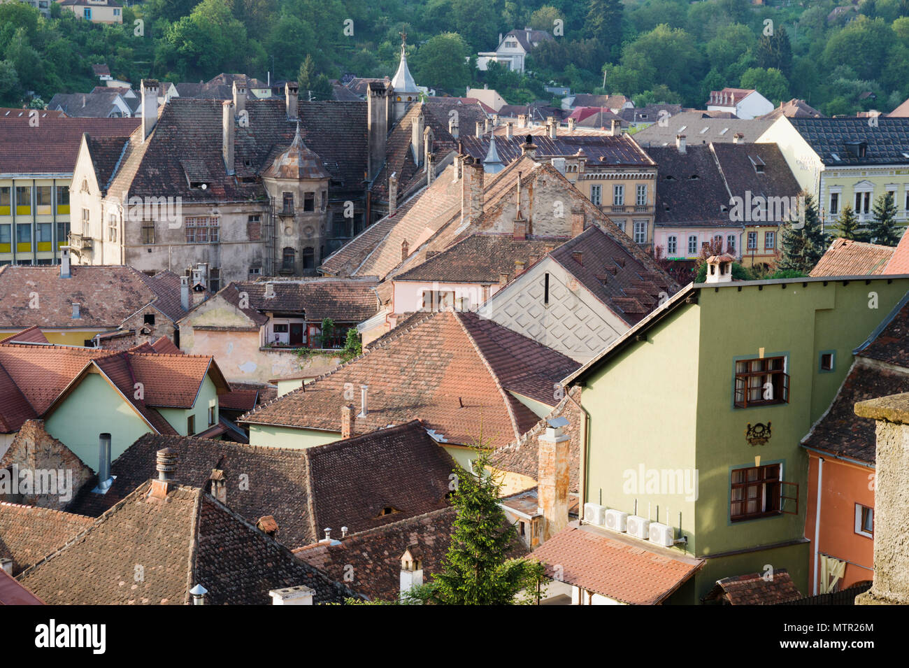 Vista panoramica di Sigishoara città medievale di Transilvania Romania Foto Stock