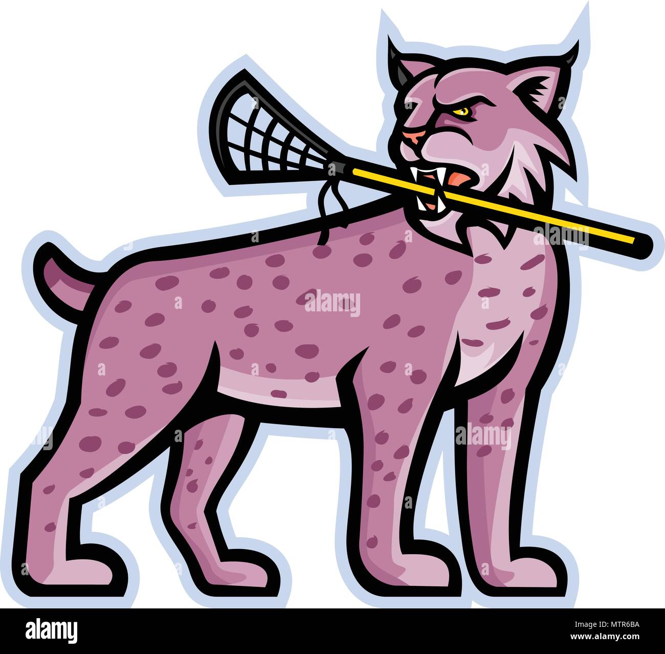 Sport icona mascotte illustrazione di un, Lynx lynx di Canada, Eurasian Lynx o il bobcat mordere a lacrosse stick visto dal lato su sfondo isolato in ret Illustrazione Vettoriale