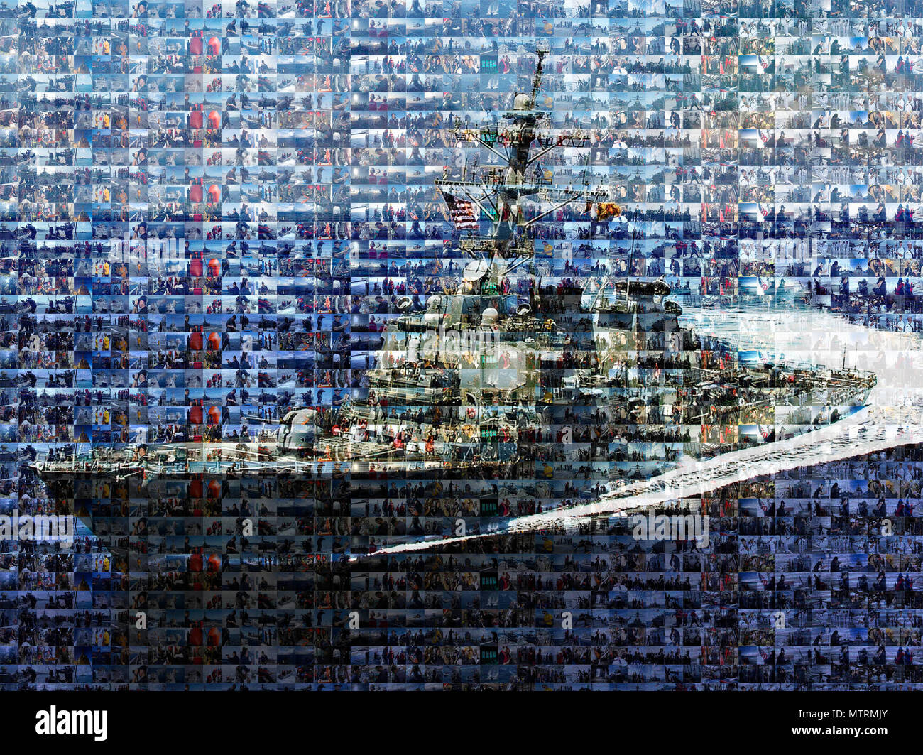 170116-N-HB733-398 U.S. 5TH FLOTTA AREA DI OPERAZIONI (GEN. 16, 2017) stratificato foto di marinai a bordo del Arleigh Burke-class guidato-missile destroyer USS Cole (DDG 67) appaiono dietro una foto di cole in corso nel mare mediterraneo di circa un mese prima di essere attaccato da un terrorista-missione suicida nelle prime ore del mattino del 12 ottobre 2000, durante il rifornimento di carburante nella città portuale di Aden, Yemen. Cole è distribuito negli Stati Uniti Quinta Flotta area di operazioni di sostegno le operazioni di sicurezza marittima e di protezione del teatro gli sforzi di cooperazione. (U.S. Navy illustrazione della foto in massa Communicati Foto Stock