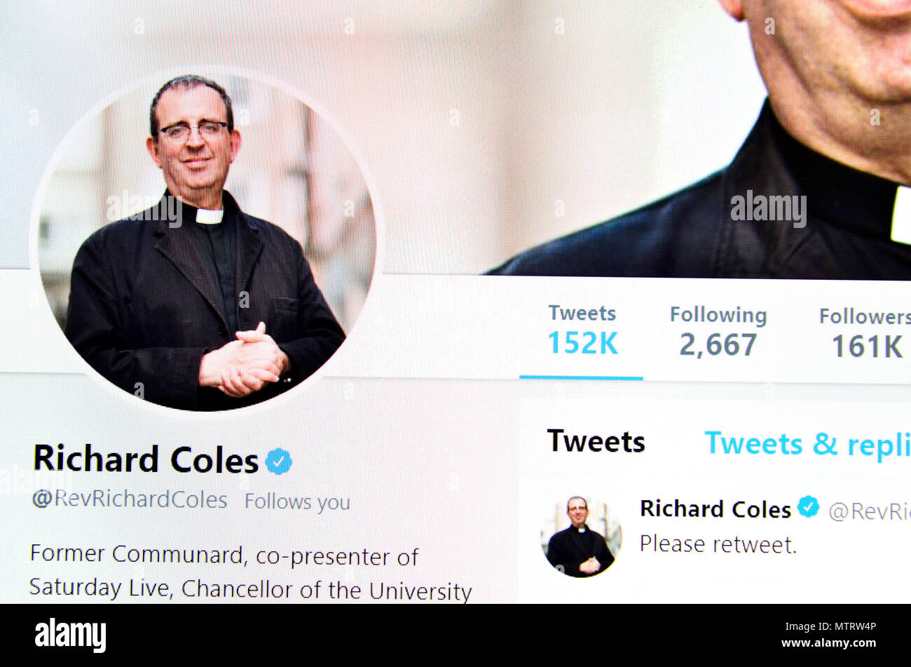 Rev Richard Coles' pagina su Twitter (2018) Foto Stock