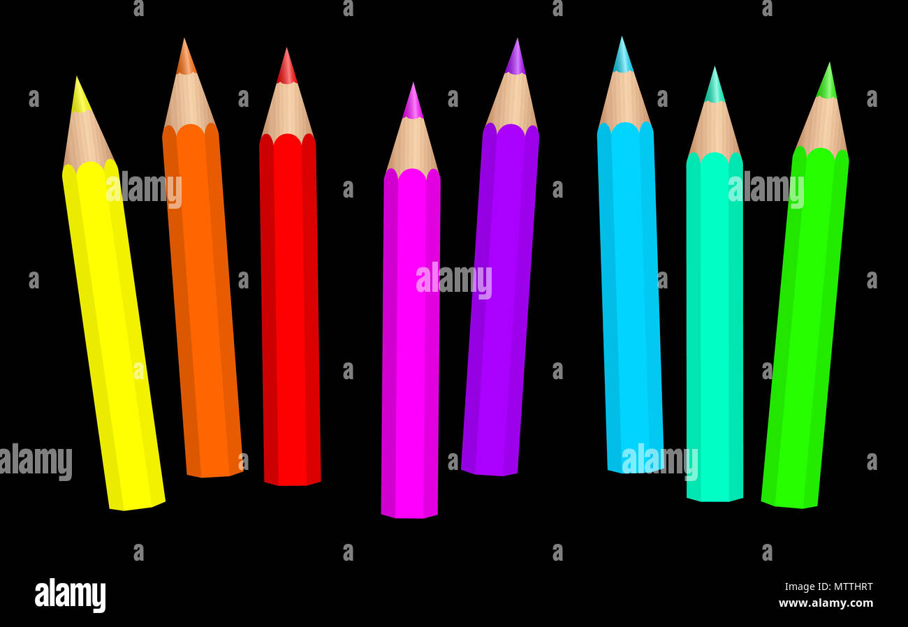Baby pastelli. Il neon fluorescenti colorate matite breve collocati in modo lasco - vivace illustrazione su sfondo nero. Foto Stock