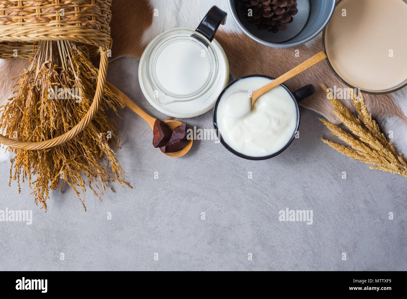 Lo yogurt e il latte su un tavolo in cuoio sulla terra. Piano immagine di laici con copia spazio per il testo Foto Stock