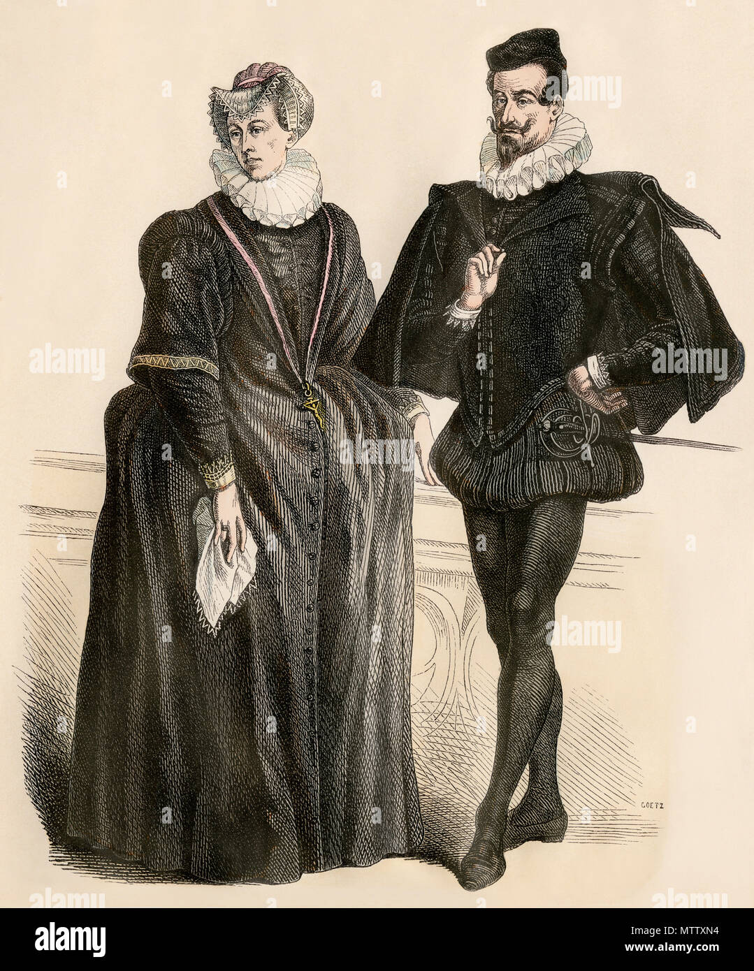 L uomo e la donna della nobiltà tedesca, mid-1500s. Colorate a mano la stampa Foto Stock
