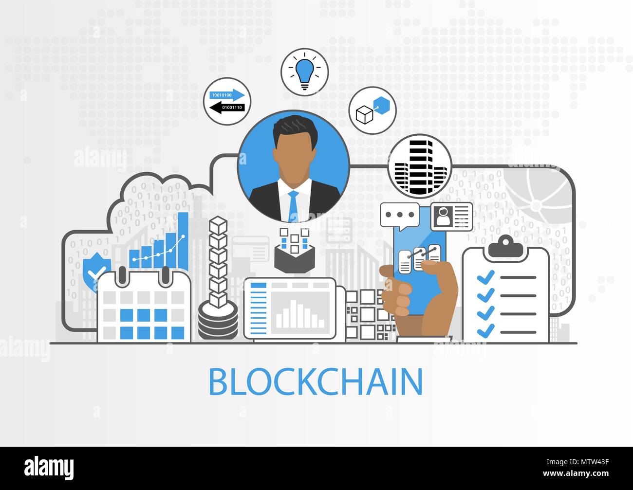 Sfondo vettoriale di imprenditore e le icone per la blockchain concept Illustrazione Vettoriale