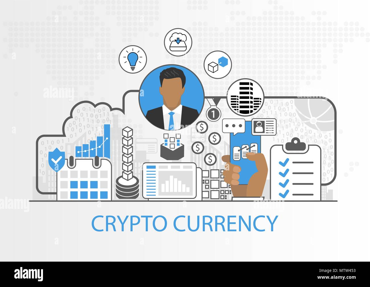 Sfondo vettoriale di imprenditore e le icone per il concetto cryptocurrency Illustrazione Vettoriale