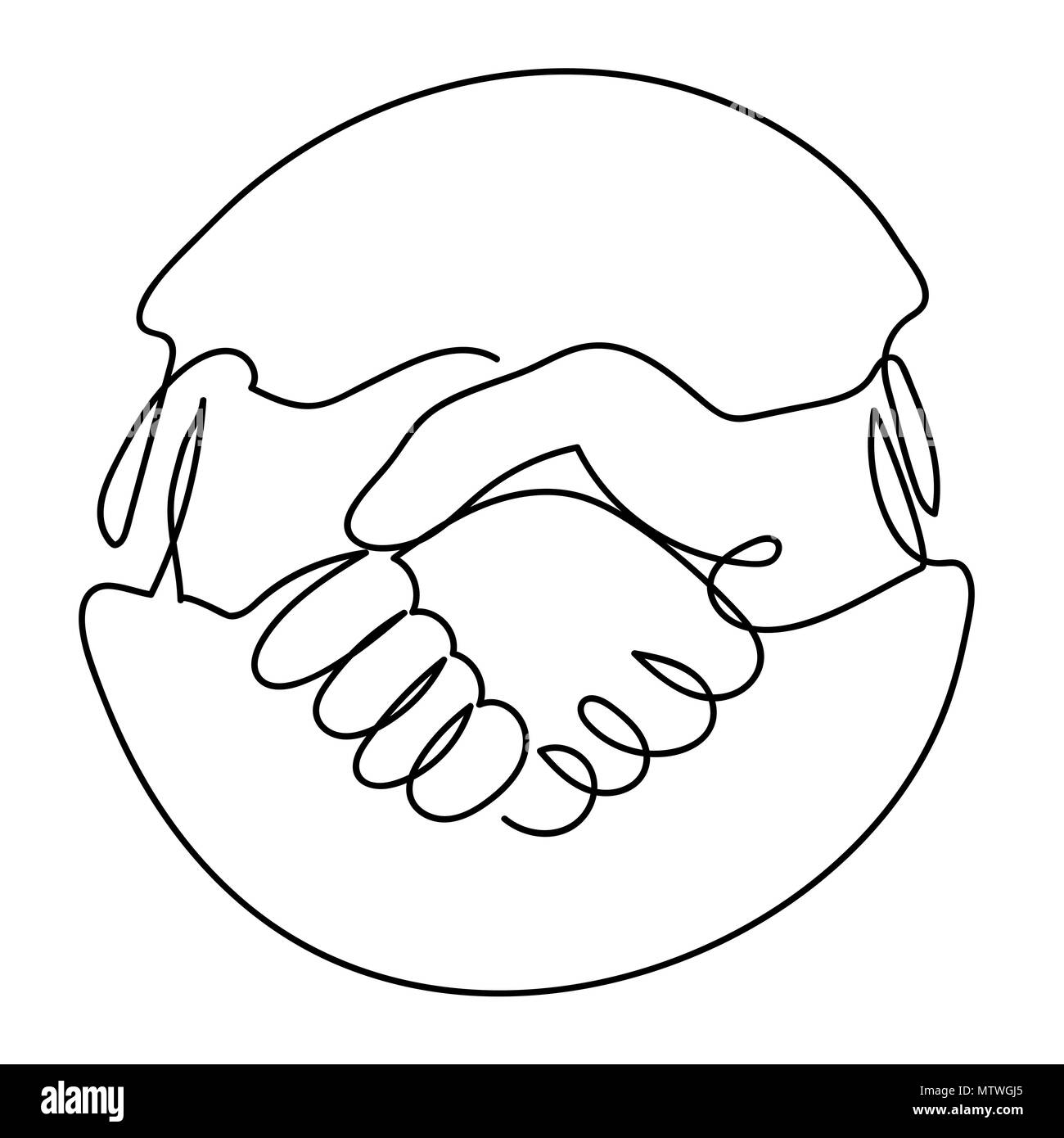 Vettore di icona di handshake in cerchio, continua una linea disegno. Bianco e nero illustrazione vettoriale. Concetto di logo, scheda, banner, poster, flyer Illustrazione Vettoriale