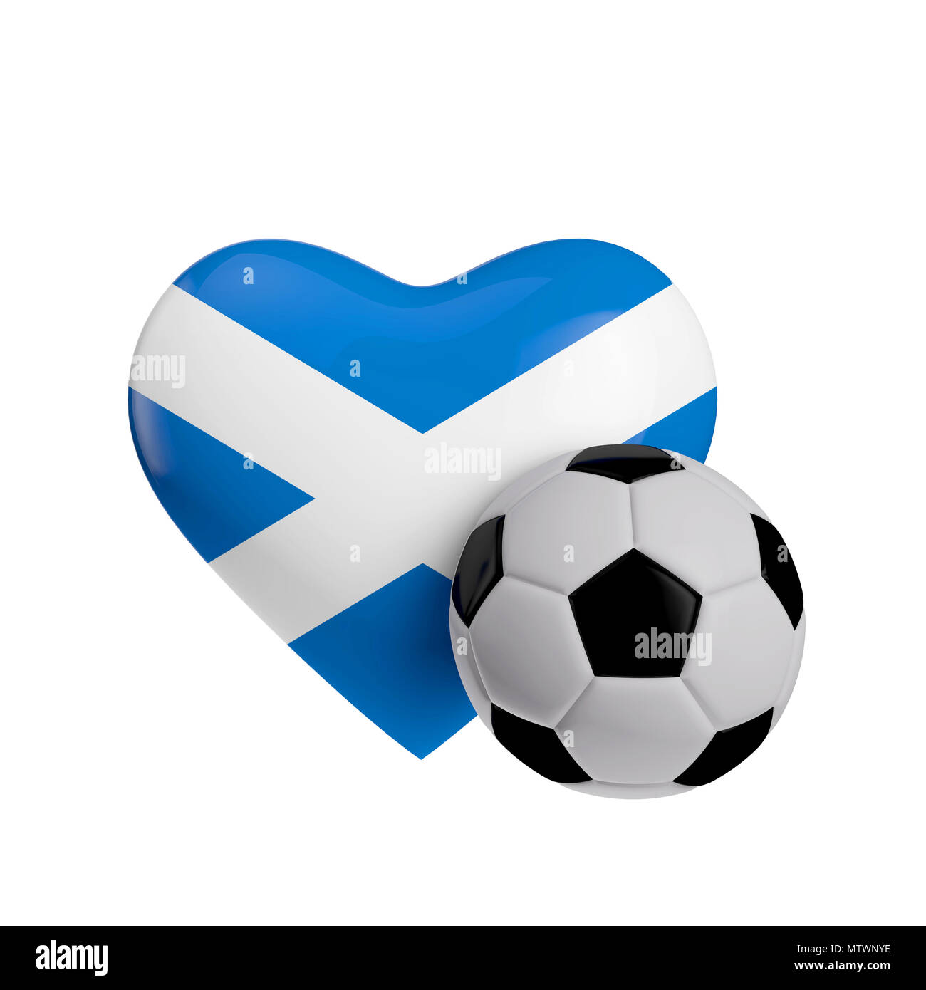 Scozia bandiera forma di cuore con un pallone da calcio. Amano il calcio. Il rendering 3D Foto Stock