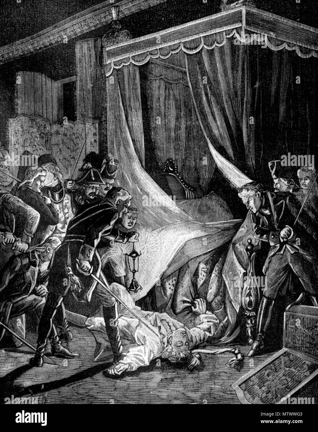 . L'assassinio dello Zar Paolo I di Russia, marzo 1801. Una stampa da "La France et les Français à travers Les Siècles', Volume IV, F Roy editor, un Challamel, Saint-Antoine, 1882-1884. Tra il 1882 e il 1884. Гравюра Утвайта по рис. Филиппото 433 Assassinio dello Zar Paolo I di Russia, marzo 1801 (1882-1884) Foto Stock