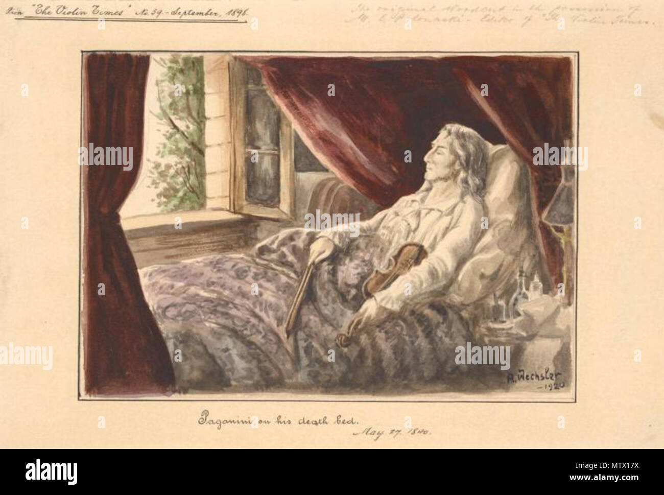 . Inglese: Paganini sul letto di morte. - Acquerello, firmato "A. Wechsler - 1920" . 1920. Sconosciuto 462 Paganini sul suo letto di morte Foto Stock