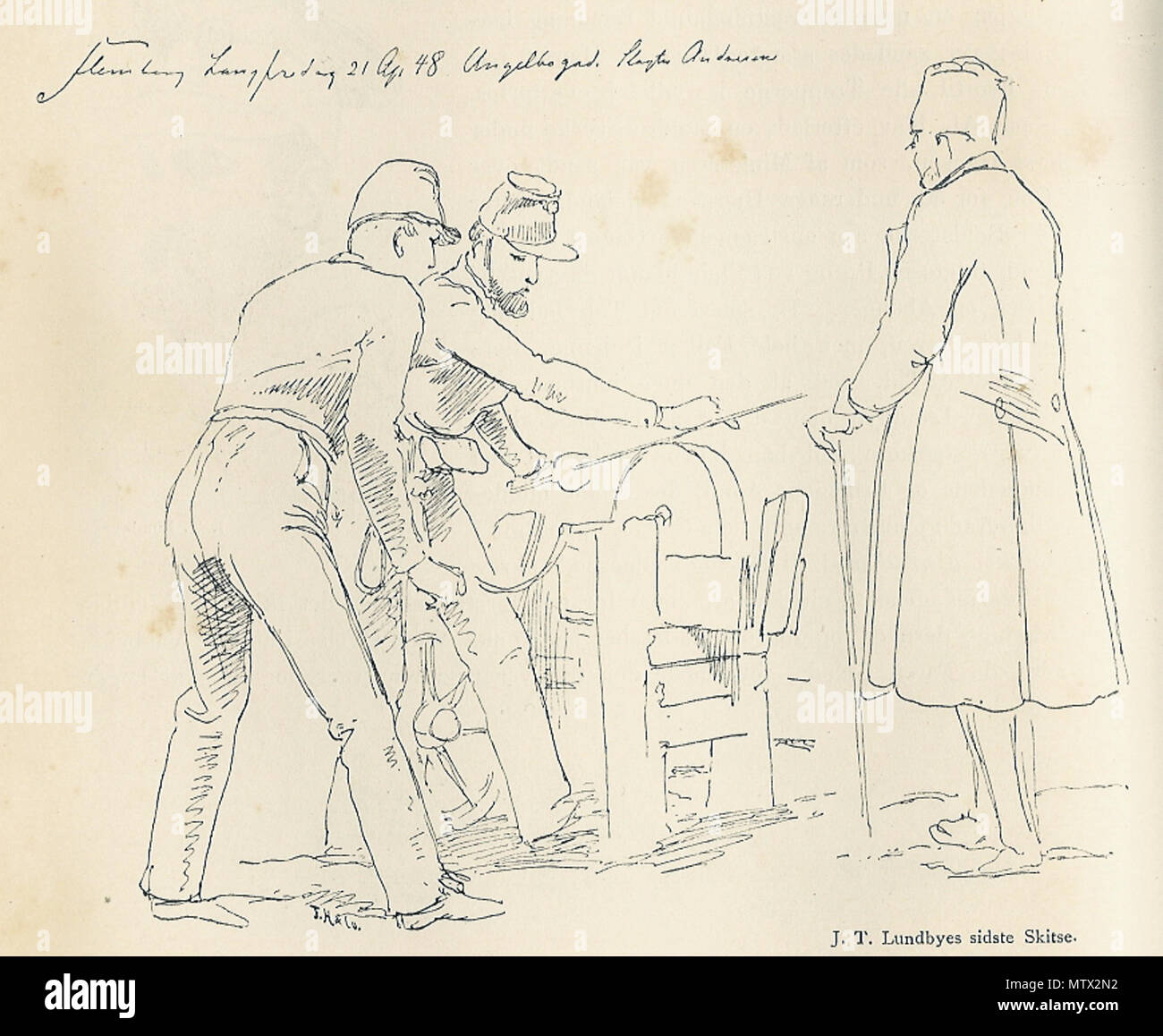 . Inglese: l'ultimo disegno realizzato da Lundbye appena prima che egli è stato ucciso da incendio amichevole. 1888. Saddhiyama 382 Lundbyes sidste skitse 1848 Foto Stock