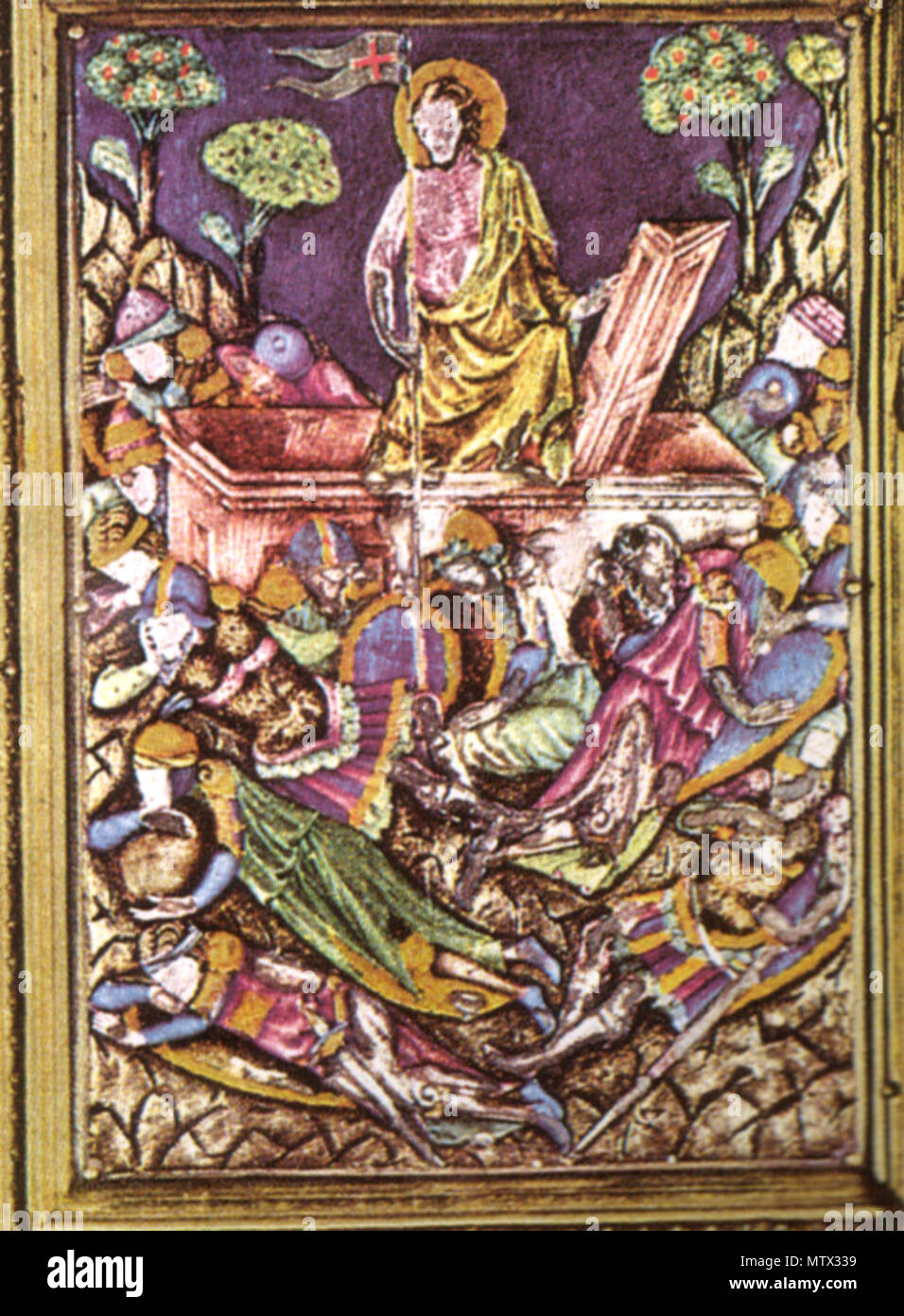 469 Particolare di una scena 2 in smalto translucido del reliquiario del coprorale di Bolsena, Duomo di Orvieto, fatto da Ugolino di Vieri, senese, tra il 1337 e il 1338 Foto Stock