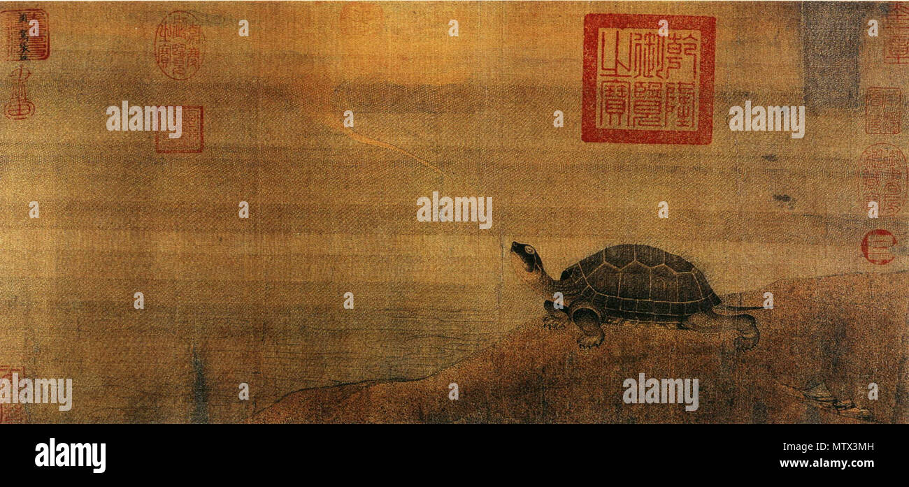 . Inglese: 'Divina Turtle' (o 'Numinous Turtle'), dipinto dal pittore Jin-Dynasty Zhang Gui. Il dipinto reca un timbro dal 21 anno (ca. 1485) dell'epoca Chenghua della Dinastia Ming, indicando la sua proprietà al momento. 中文: 金 张珪 神龟图 Русский: 'Божественная (священная) черепаха', полотно художника цзиньской эпохи по имени Чжан Гуй (ок. 1156-1161) . tra circa 1156 e circa 1161. Inglese: Zhang Gui 中文: 张珪 Русский: Чжан Гуй 661 Zhang-Gui-Shen-gui-tu Foto Stock