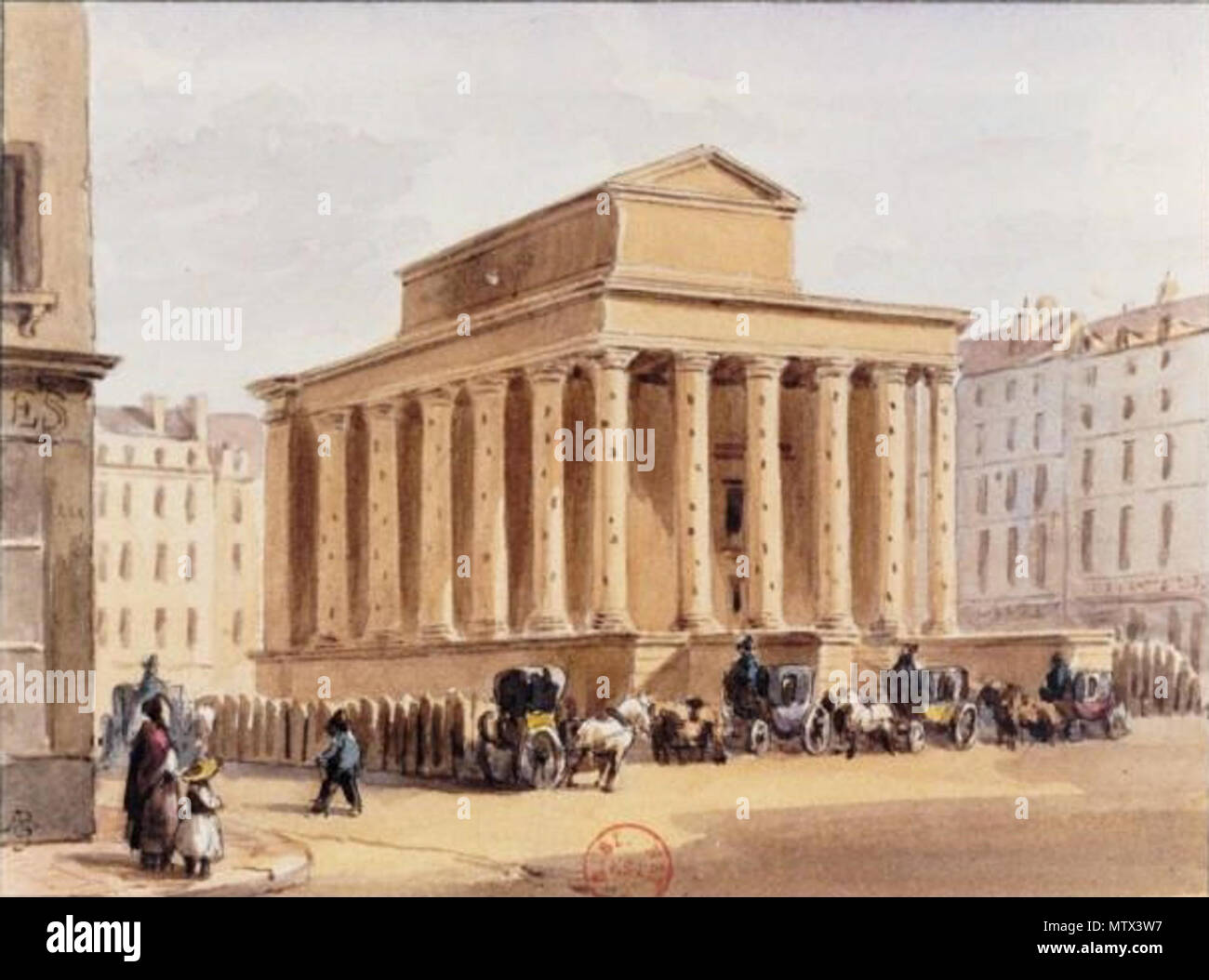 . Français : Monumento expiatoire de la place Louvois (attuale piazza Louvois), construit à l'emplacement de l'opéra de la rue de Richelieu après l'assassinat du Duc de Berry, détruit puis après 1830. Aquarelle, 8,8 x 11,9 cm, en provenienza de la collezione Hippolyte Destailleur. circa 1830. A.B.S. (18??-18??) 423 monumento expiatoire de la place Louvois, Parigi, ca. 1830 Foto Stock