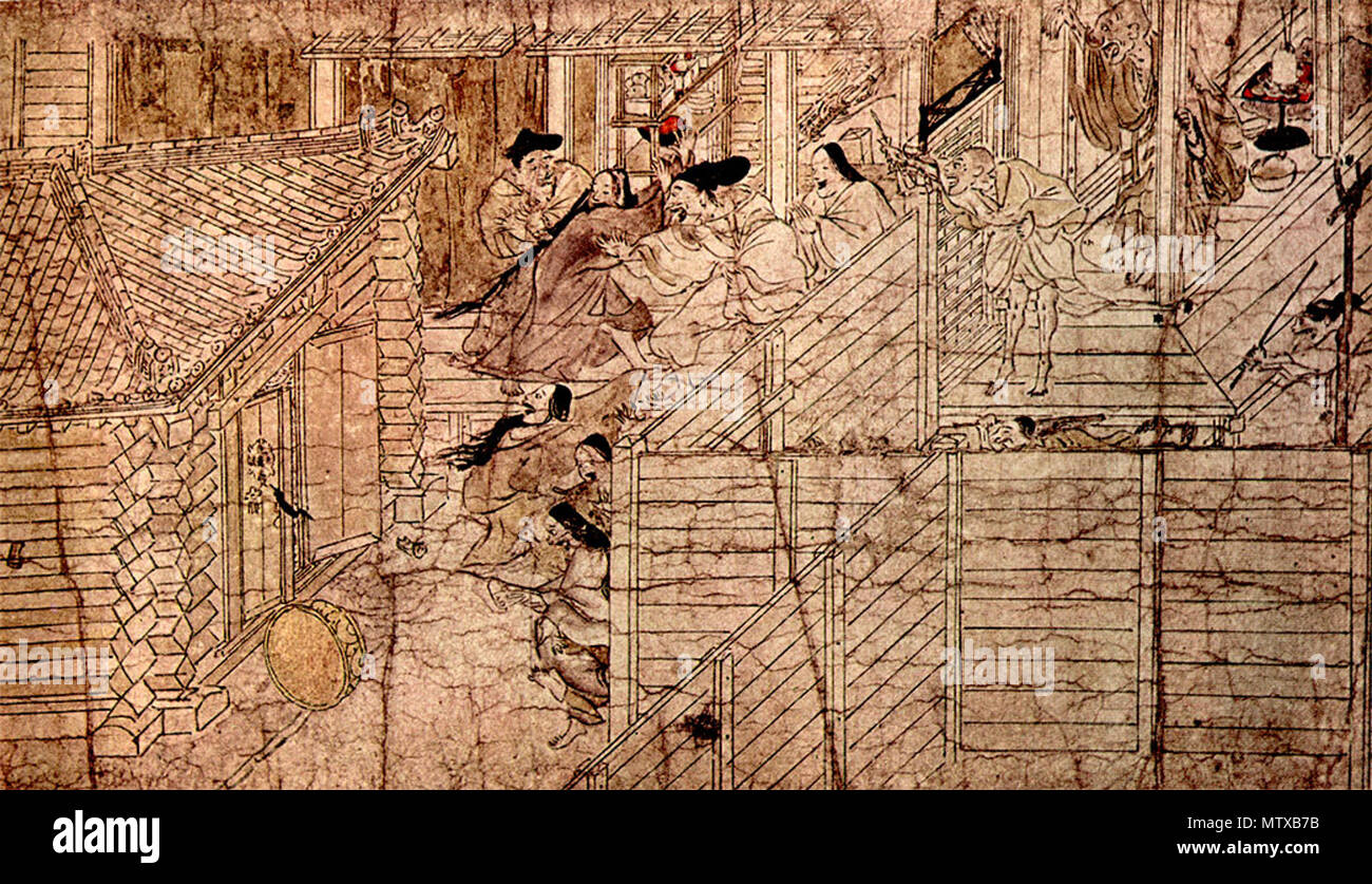 . Inglese: la leggenda del Monte Shigi (Shigisan Engi emaki) 日本語: 信貴山縁起絵巻 Français : des Rouleaux légendes du Mont Sigi (Shigisan Engi emaki) . Xii secolo 465 panic quando il vaso scivola fuori Foto Stock