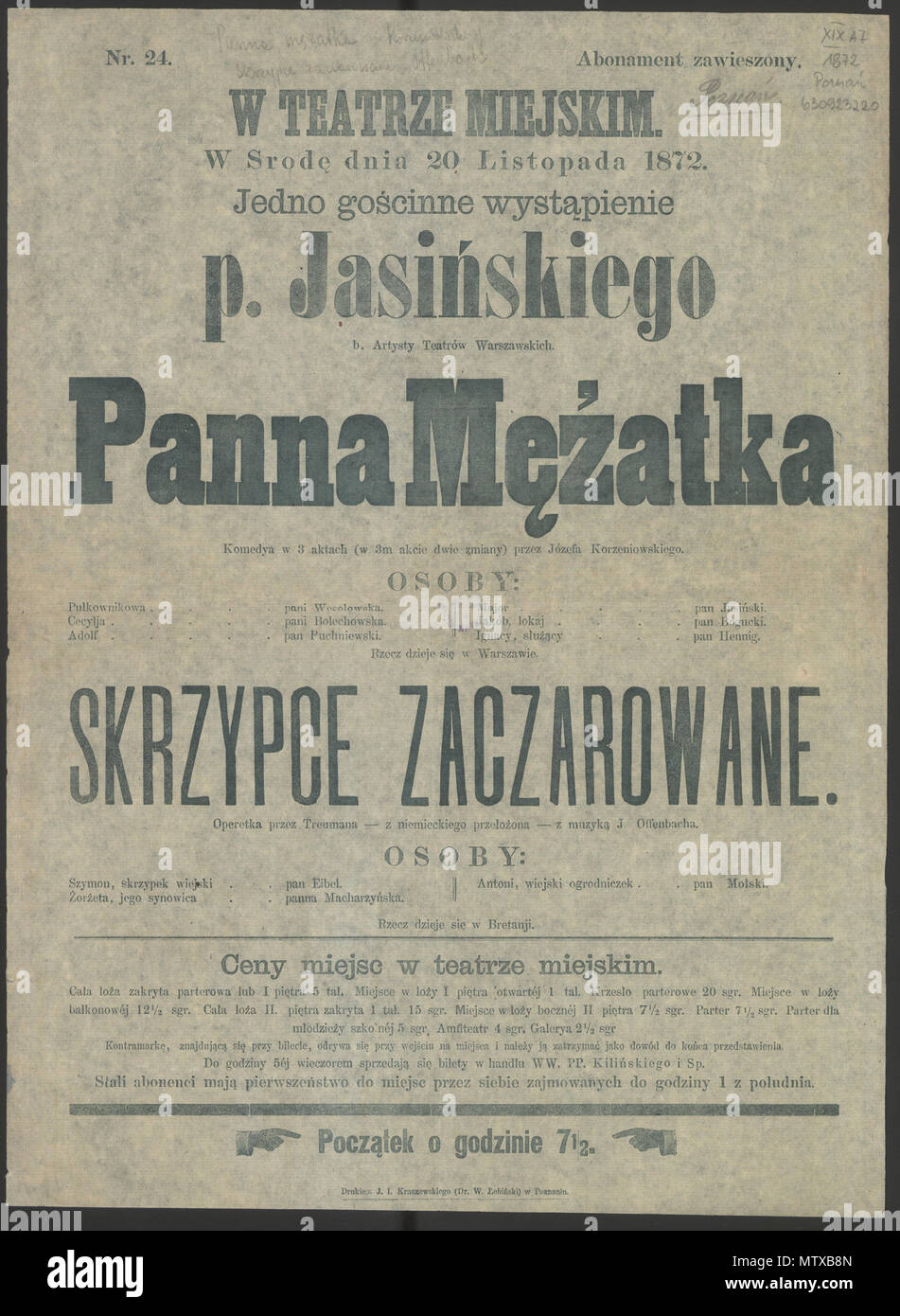 . Polski: Afisz teatralny z 1872 roku wykorzystujący rączki . 1872. J. I. Kraszewski 465 Pannamezatka Foto Stock