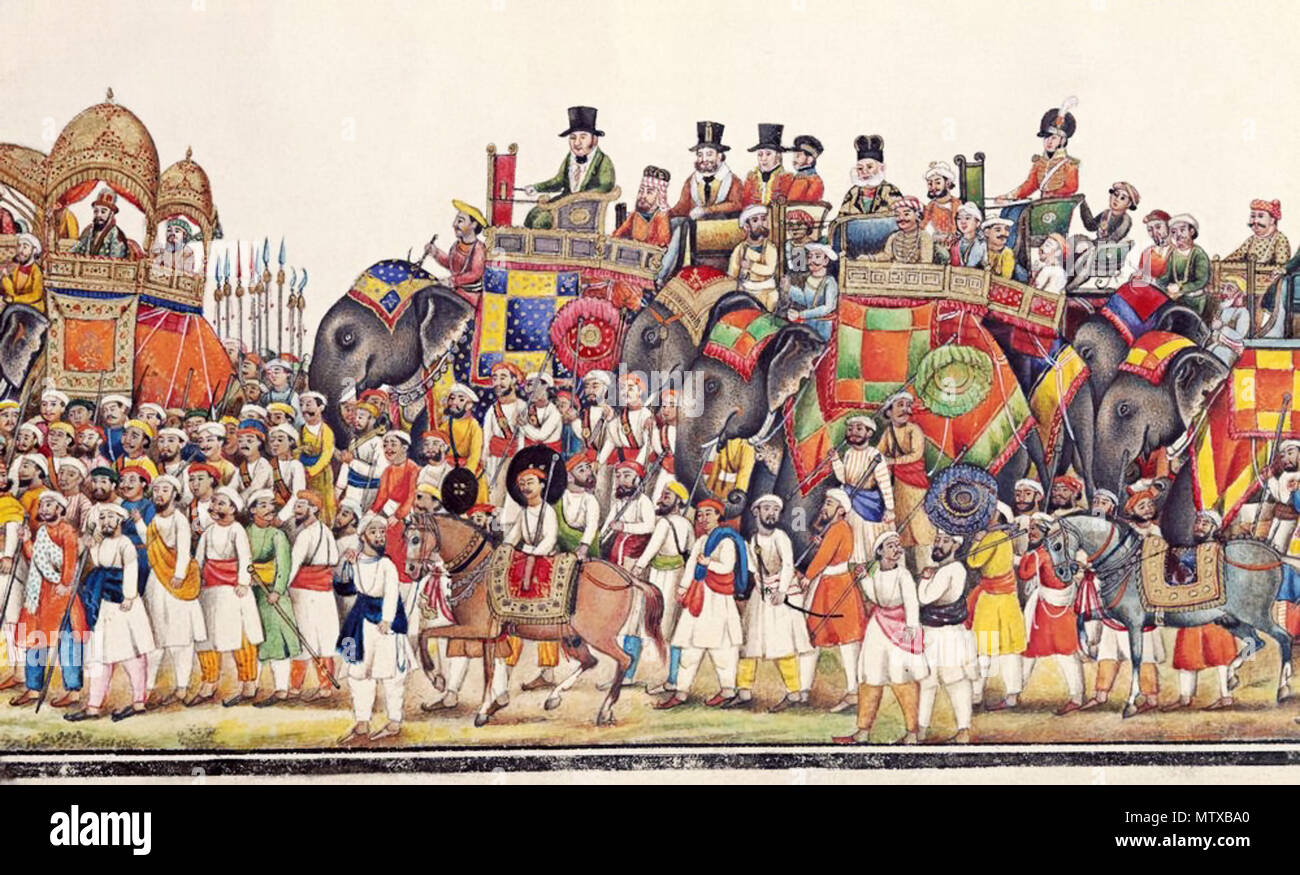 . Deutsch: Prozession anlässlich eines Durbar (Audienz) des Großmoguls Akbars II. (1760-1837), der wahrscheinlich zum Id oder nach dem Ramadan abgehalten wurde. Im Gefolge des Monarchen, der von 1806-1837 Mogulkaiser von Indien guerra, befinden sich seine Söhne, hohe indische und britische Würdenträger sowie Armeetruppen. Die Prozession umfasst Elefanten, welche die kaiserlichen Insignien tragen (Standarten mit Sonne, ombrellone, Fisch u. Ä.), außerdem Sänften und geschlossene Ochsenwagen für die Damen, Kamele, Pferde und Lafetten. Ausschnitt einer Gouache (16 cm x 239 cm), um die 1815 von eine Foto Stock