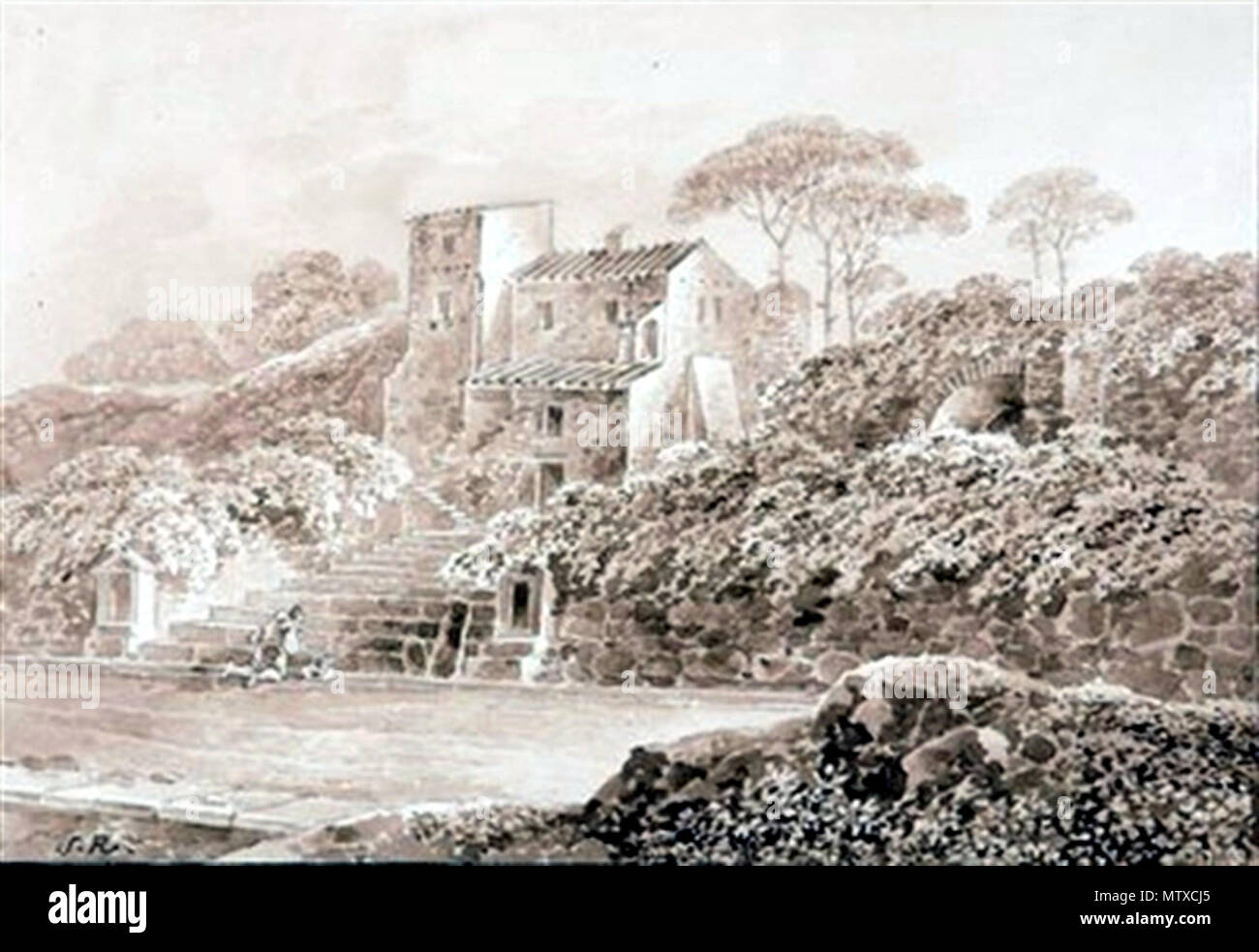 . Inglese: Die Einsiedeley (l'eremo), pen-e-disegno a inchiostro. Deutsch: Die Einsiedeley, Federzeichnung. circa 1830. Johann Gottlob Samuel Rösel (1768 oder 1769 a Breslavia - 1843 a Potsdam) 540 Samuel Roesel 3 Foto Stock