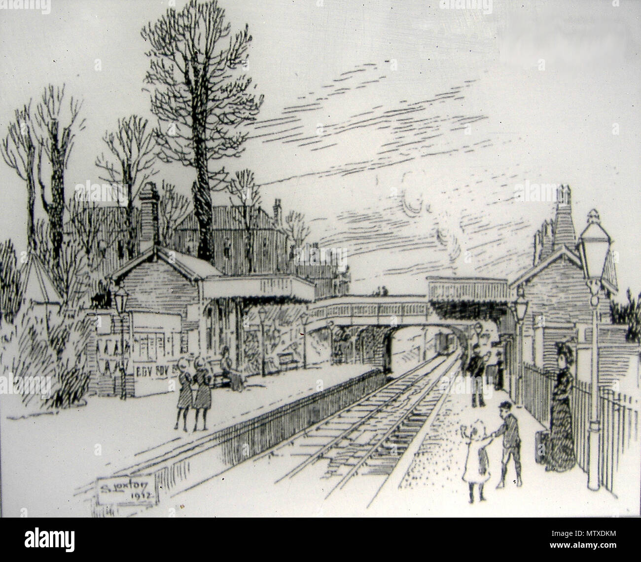 . Illustrazione della Redland stazione ferroviaria dal 1912, che mostra entrambe le piattaforme e il ponte al di sopra della linea. 1912. Samuele a Loxton (d 1923) 513 Redland 1912 a Loxton Foto Stock