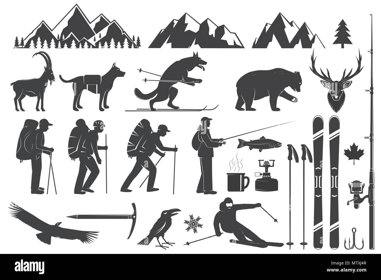 Alpinismo, escursionismo, alpinismo, pesca, sci e altre icone di avventura. Illustrazione Vettoriale. Vintage design tipografia con ghiaccio ax, rock climbin Illustrazione Vettoriale