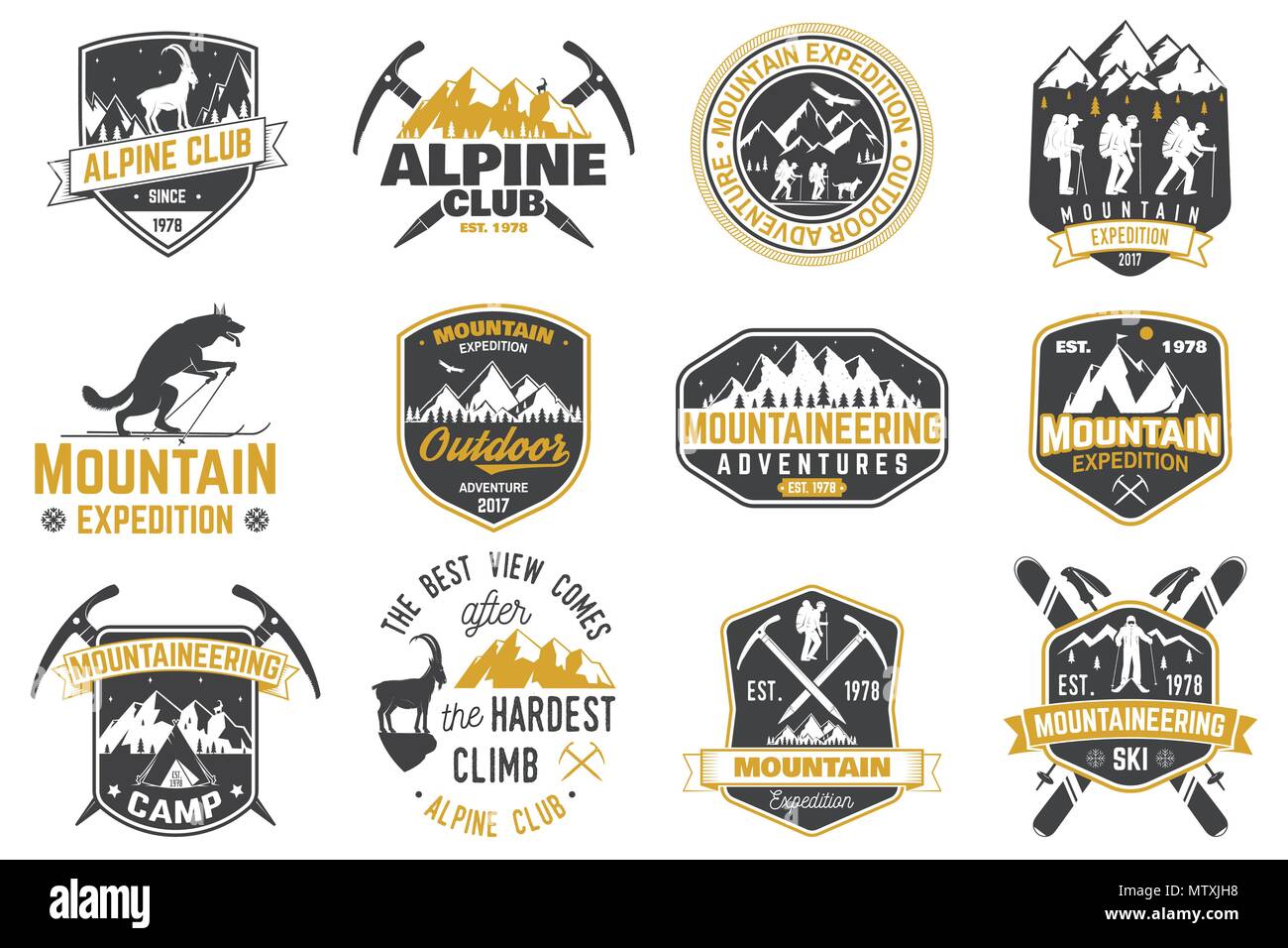 Set di spedizione in montagna badge. Vettore. Concetto per il club alpino una camicia o un logo, stampa, timbro o il raccordo a t. Vintage design tipografia con gli alpinisti e Illustrazione Vettoriale