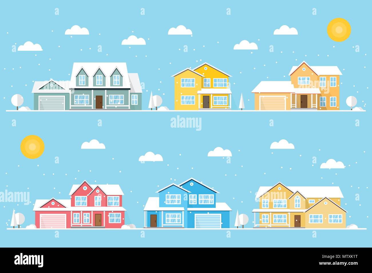 Quartiere con le case e i fiocchi di neve illustrato su sfondo blu. Vettore icona piatta suburbana case americane in inverno. Per il web design e app Illustrazione Vettoriale