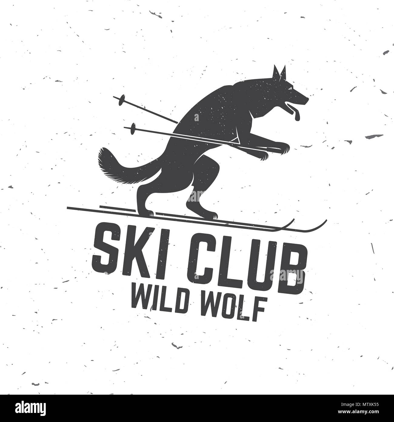 Sci Club concetto con il lupo. Concetto di camicia, Stampa, Timbro o sigillo. Sci Club - wild Wolf. Tipografia design- stock a vettore. Vacanza in famiglia, attività Illustrazione Vettoriale