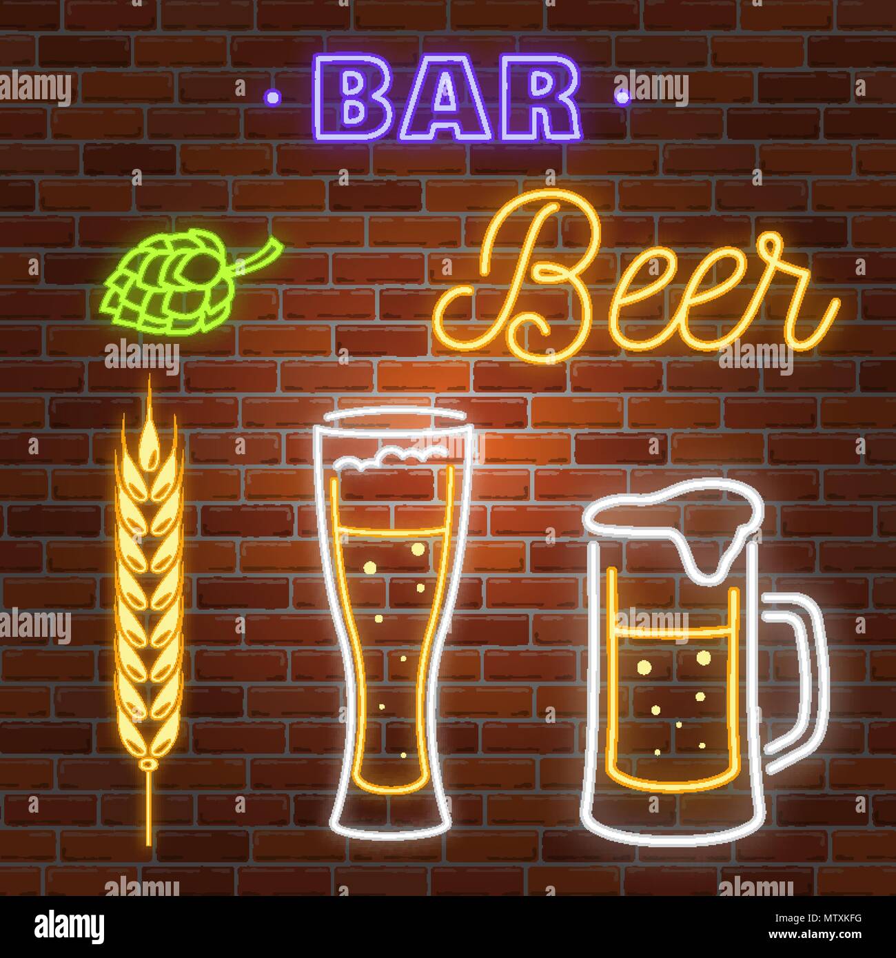 Set di birra al neon Bar segno su un muro di mattoni dello sfondo. Illustrazione Vettoriale. Illustrazione Vettoriale