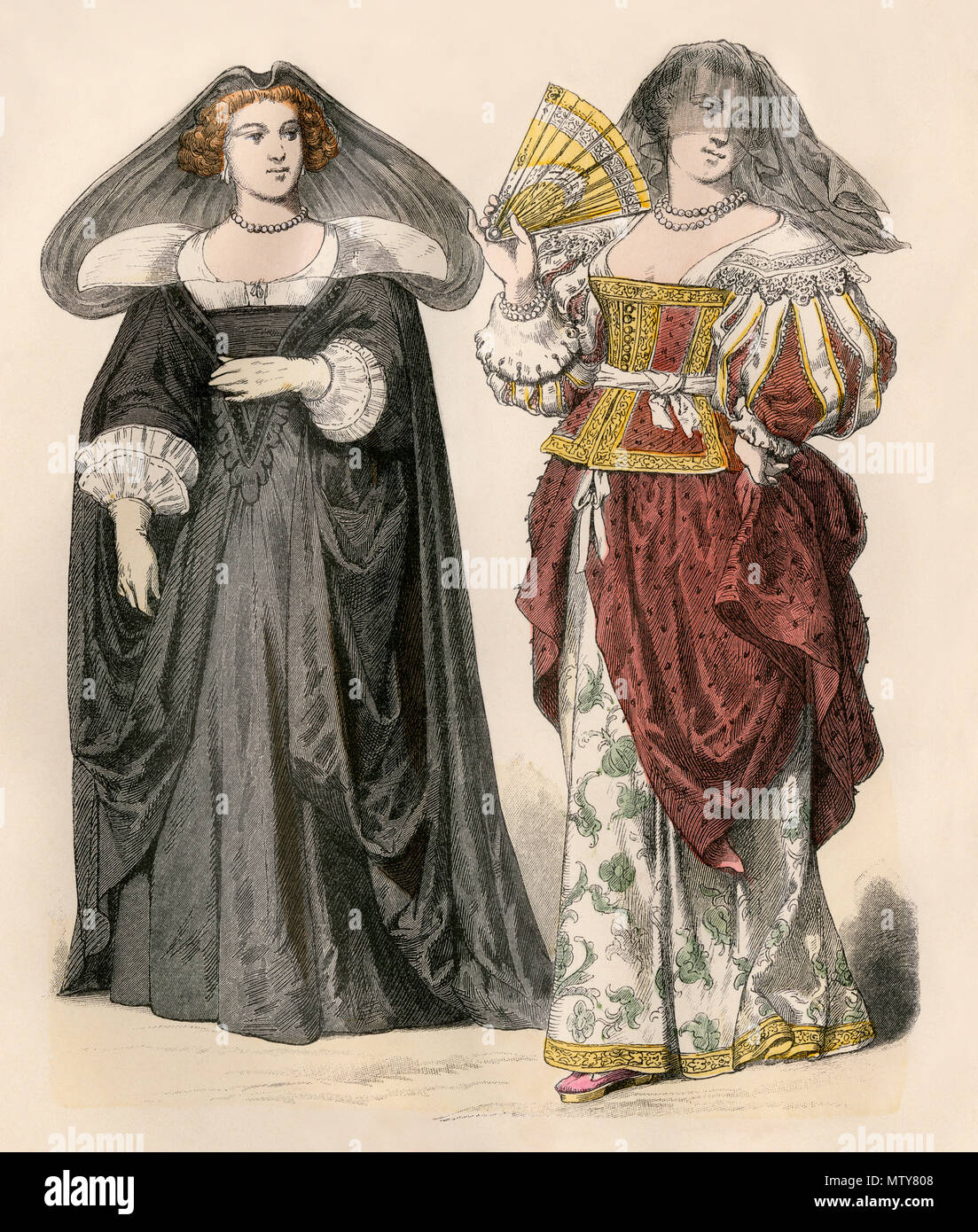La donna in lutto e di una donna con ventaglio, moda di 1600s. Colorate a mano la stampa Foto Stock