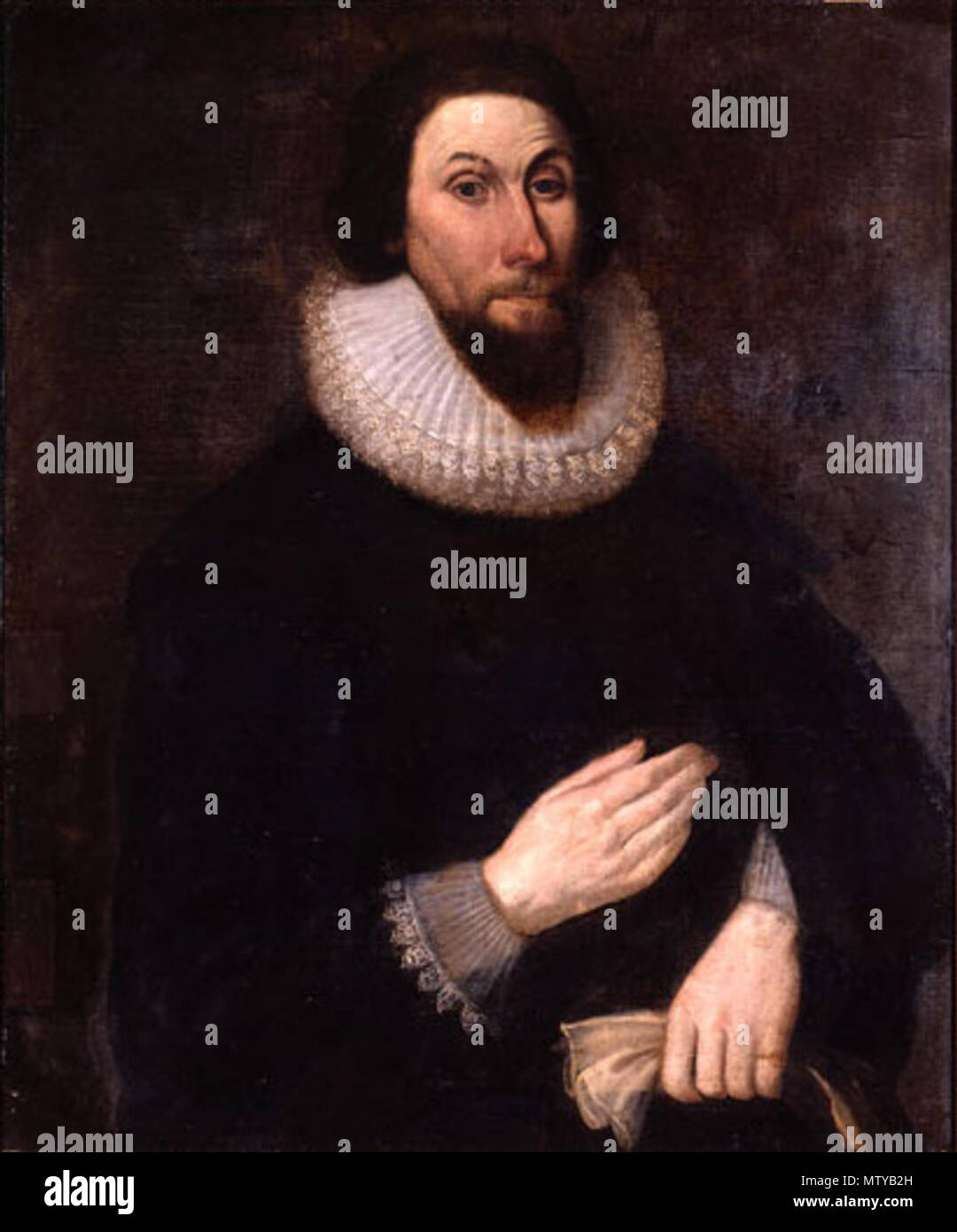 . Ritratto di Massachusetts Bay Colony Governor John Winthrop. Esso è stato tenuto nella famiglia Winthrop fino al XIX secolo quando fu donata all'antiquario americano della società. Il XVII secolo. Sconosciuto; quando donati al AAS, è stato pensato per essere da un inseguitore di Anthony van Dyck Appletons' encyclopaedia - Wikizionario di American Biografia (1889, v.6, rivolta a p. 572) gli attributi di van Dyck. 322 JohnWinthropColorPortrait Foto Stock