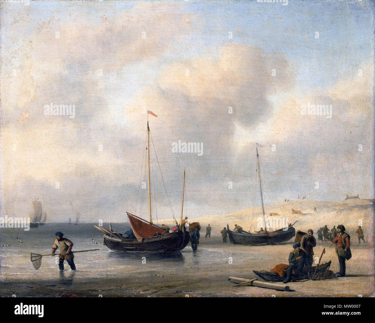 . Barche di pescatori sulla spiaggia.[1] titolo alternativo(s): Twee visserspinken op het strand; op het strand verschillende visserstaferelen.[2] . del 1660 circa 635 Vissersschepen aan het strand - barche di pescatori sulla spiaggia (Willem van de Velde II) Foto Stock