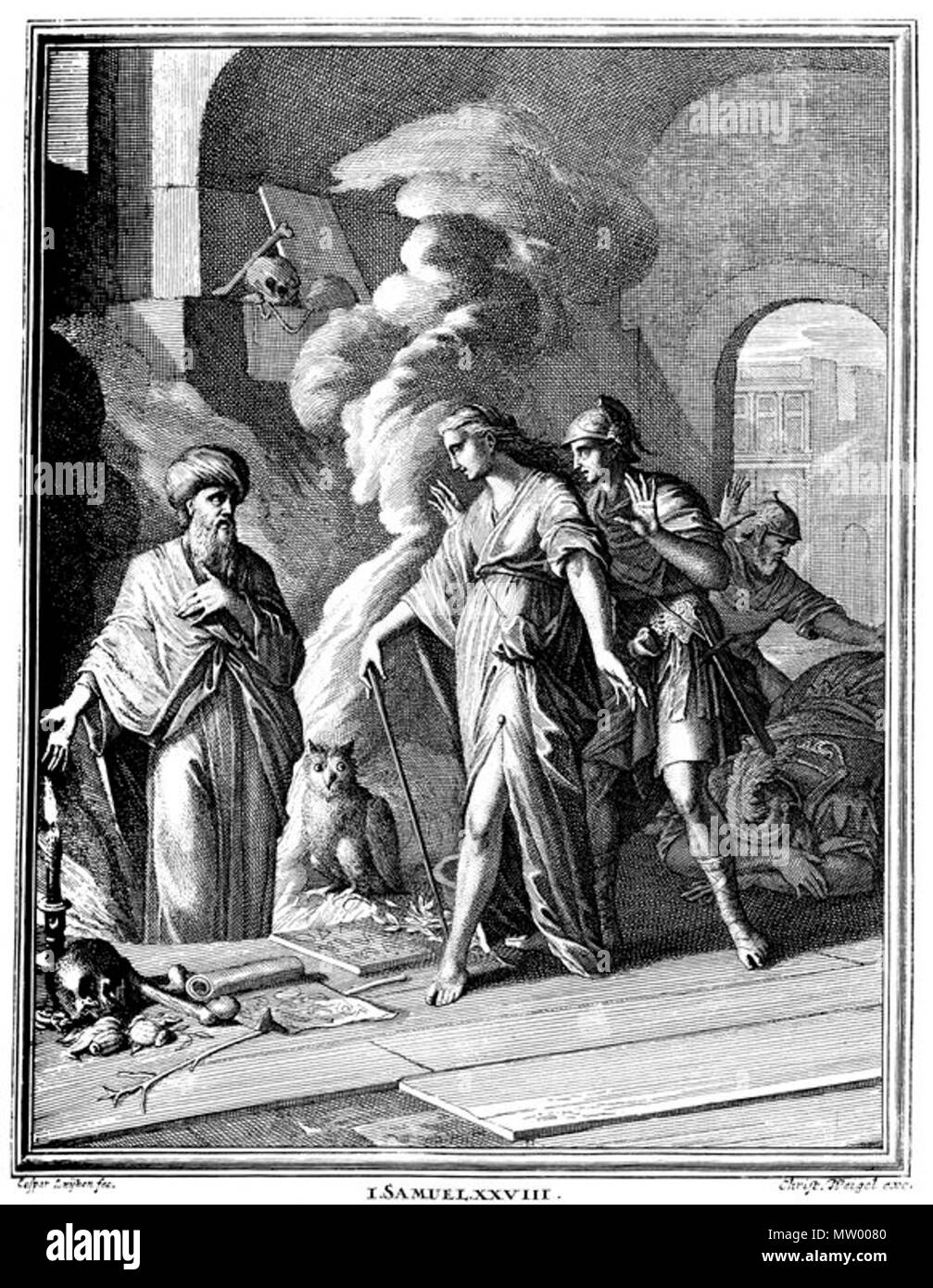 . Saul consulta la strega di Endor . Pubblicato in 1712. LUIKEN, Caspar (Olandese, 1672-1708) 544 Saul consulta la strega di Endor Foto Stock