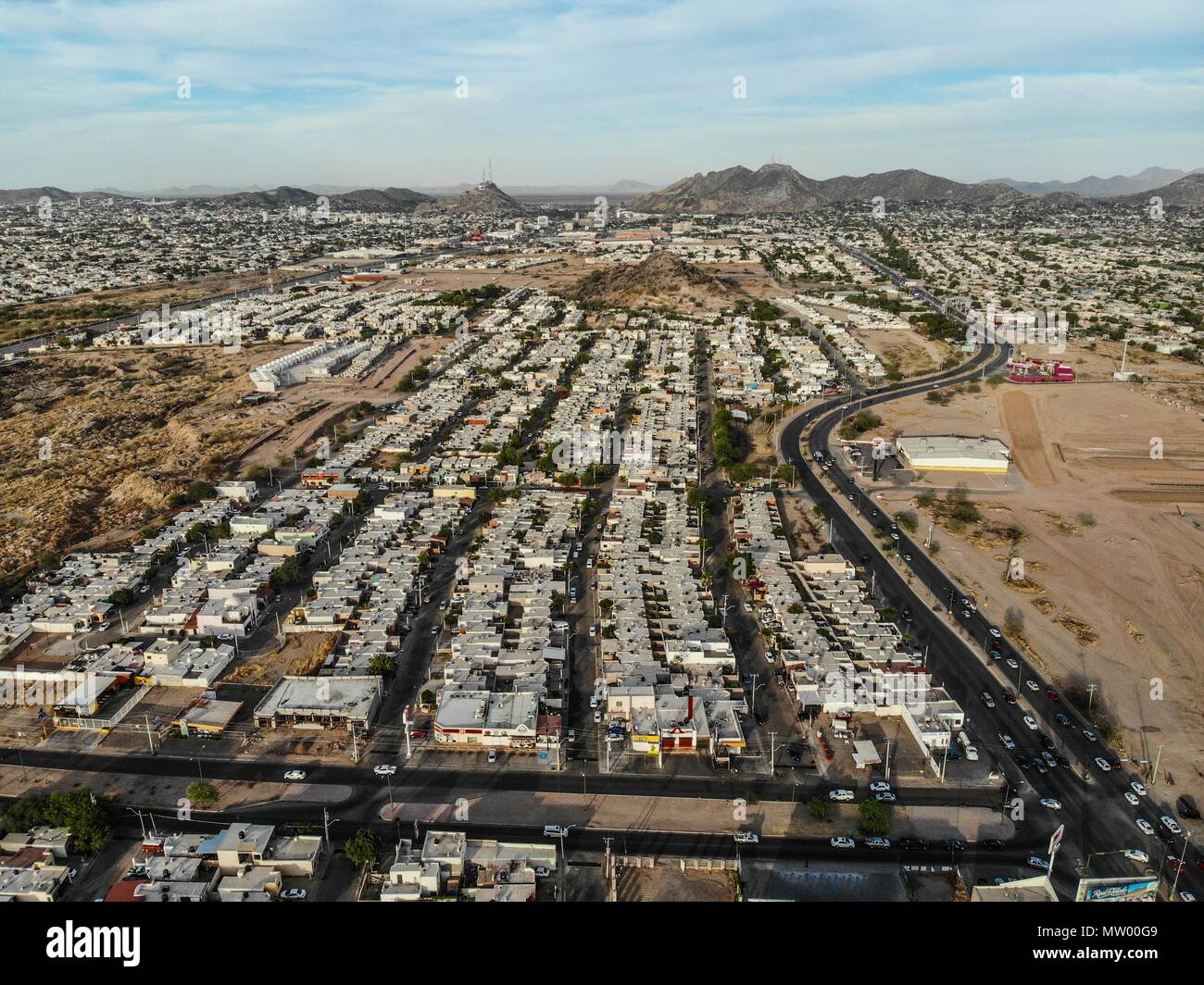 Vista aérea de la colonia la verbena, verbena, Poniente de Hermosillo. Camino del seri. Paseo San Angel. Casas, case, fraccionamiento, colonias, tr Foto Stock